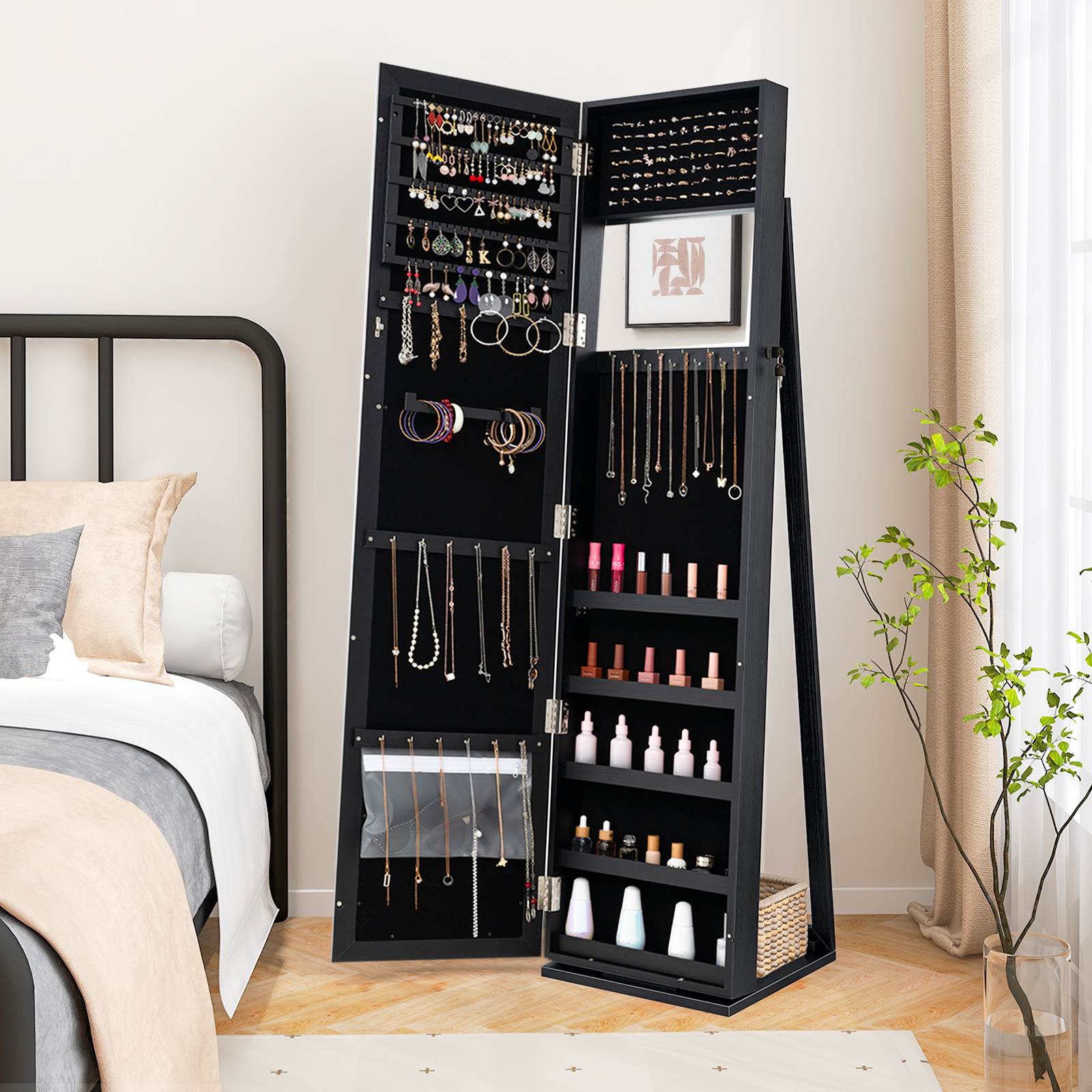 Giantex Mirrored Jewelry Cabinet Armoire Lockable Standing Storage Organizer - Picture 11 of 30