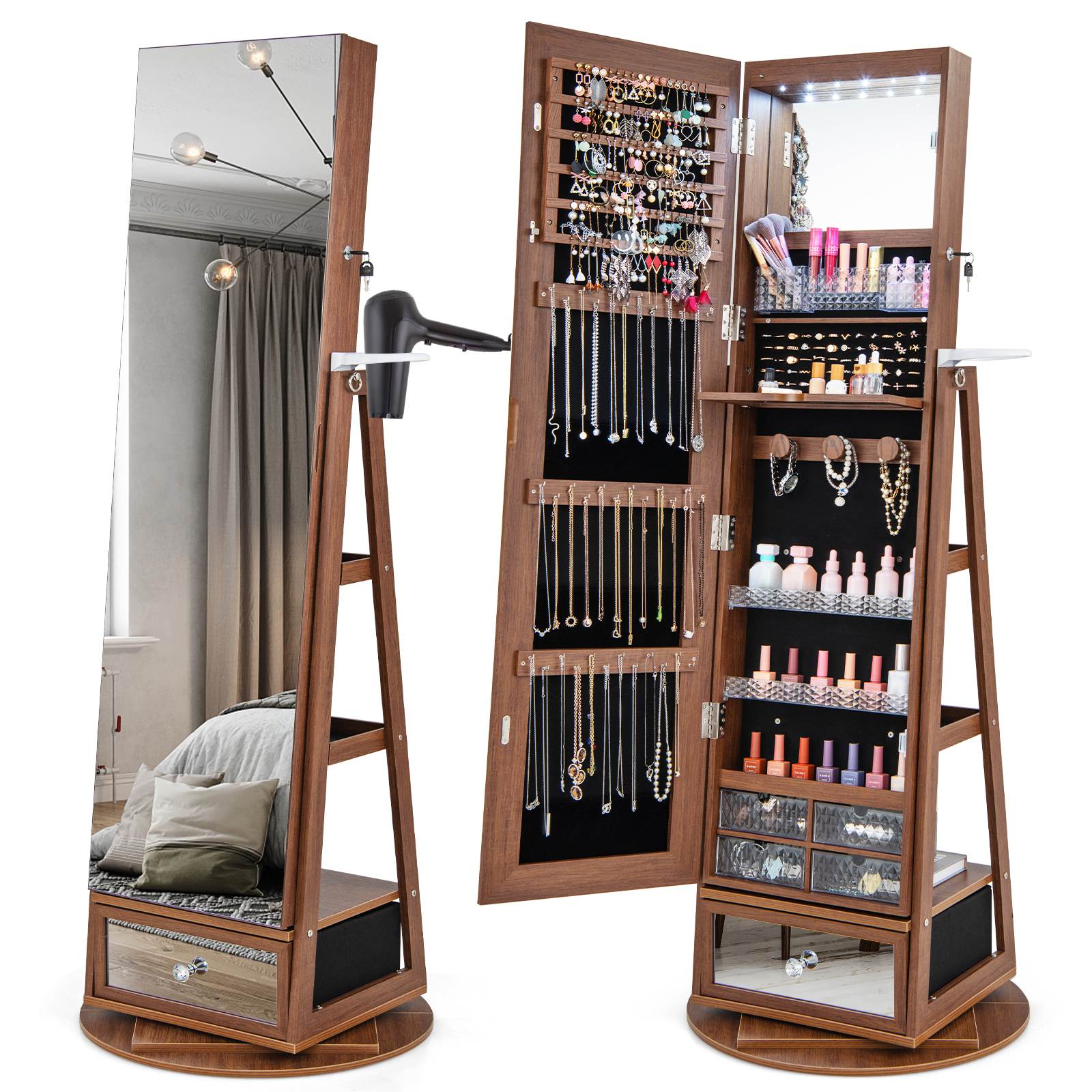 360° Lockable Swivel Jewelry Cabinet Floor Standing Armoire w/Full-Length Mirror - Picture 39 of 47