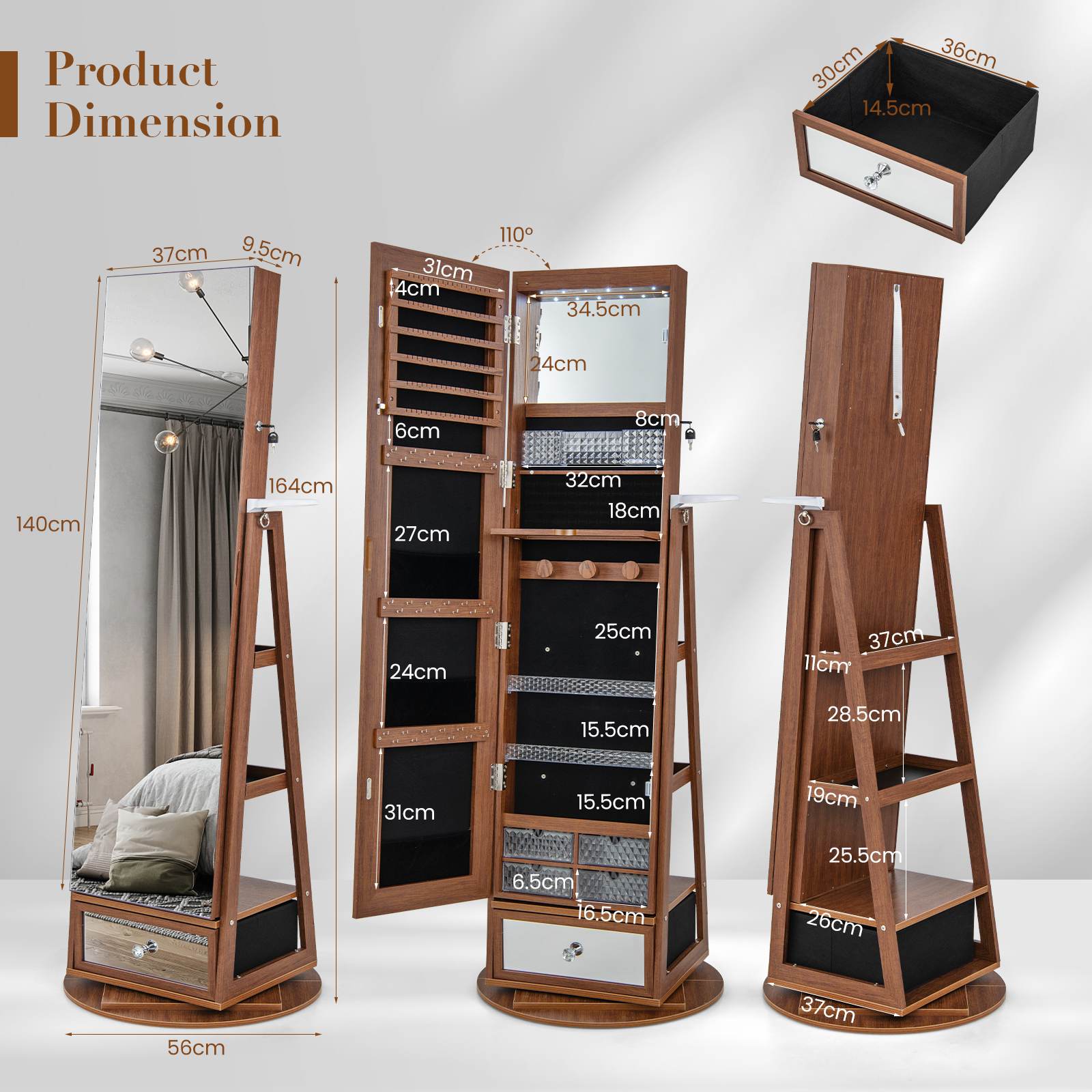 360° Lockable Swivel Jewelry Cabinet Floor Standing Armoire w/Full-Length Mirror - Picture 40 of 47