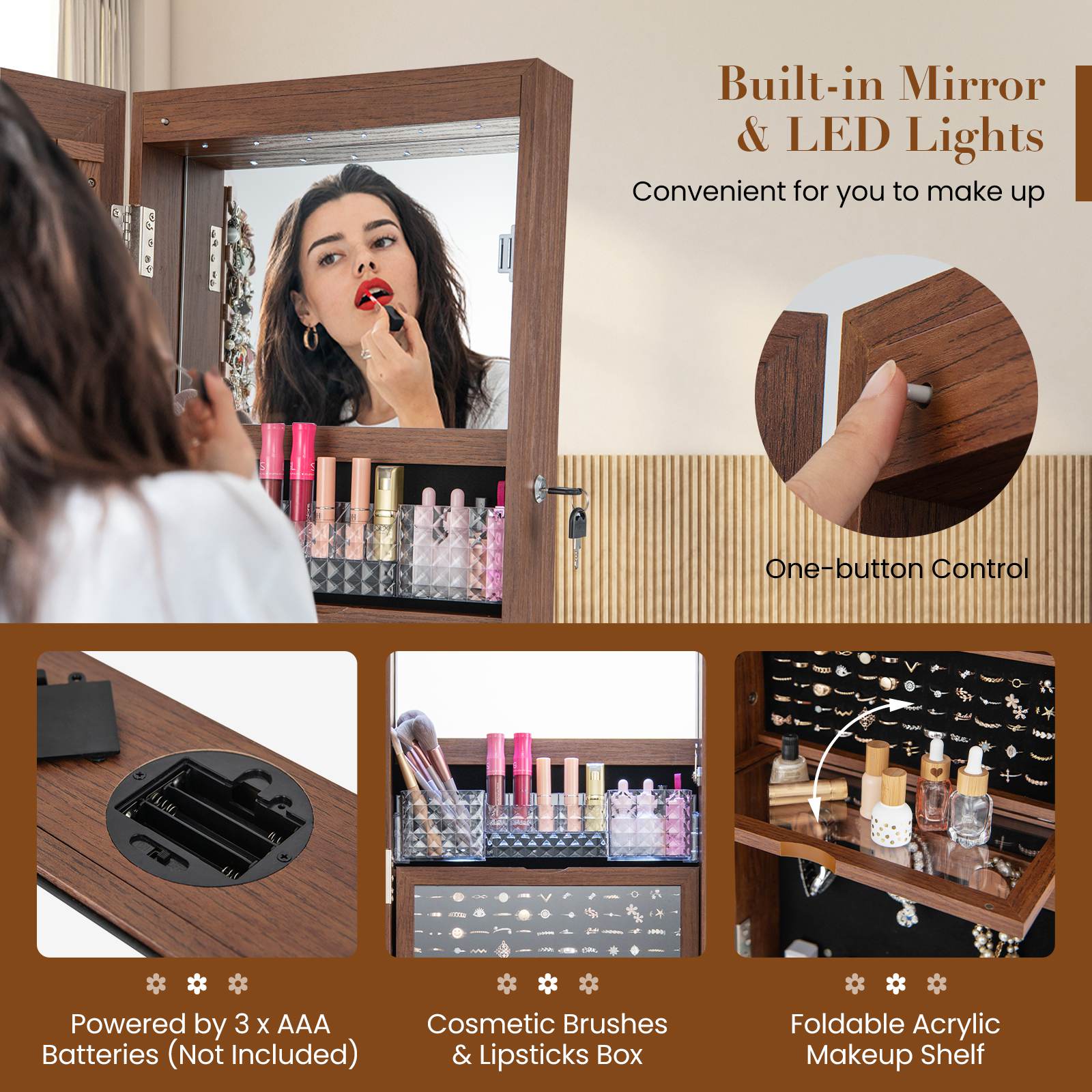 360° Lockable Swivel Jewelry Cabinet Floor Standing Armoire w/Full-Length Mirror - Picture 42 of 47