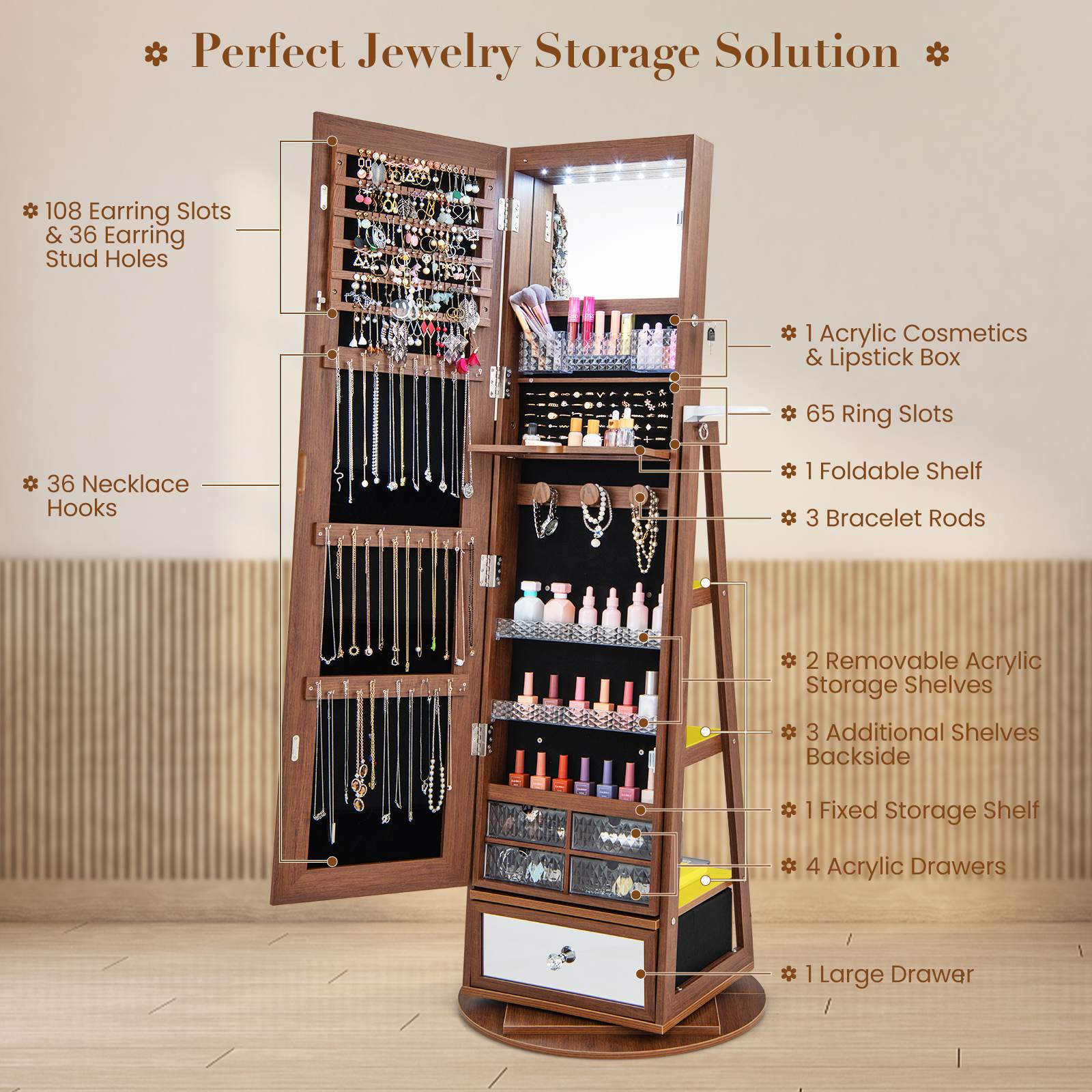 360° Lockable Swivel Jewelry Cabinet Floor Standing Armoire w/Full-Length Mirror - Picture 44 of 47