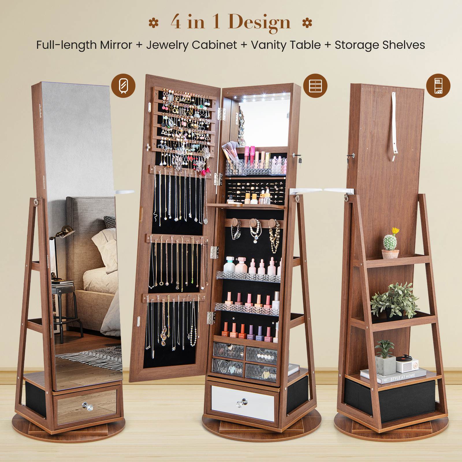 360° Lockable Swivel Jewelry Cabinet Floor Standing Armoire w/Full-Length Mirror - Picture 45 of 47