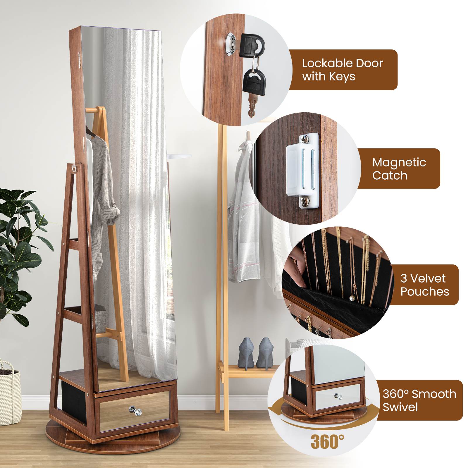 360° Lockable Swivel Jewelry Cabinet Floor Standing Armoire w/Full-Length Mirror - Picture 46 of 47