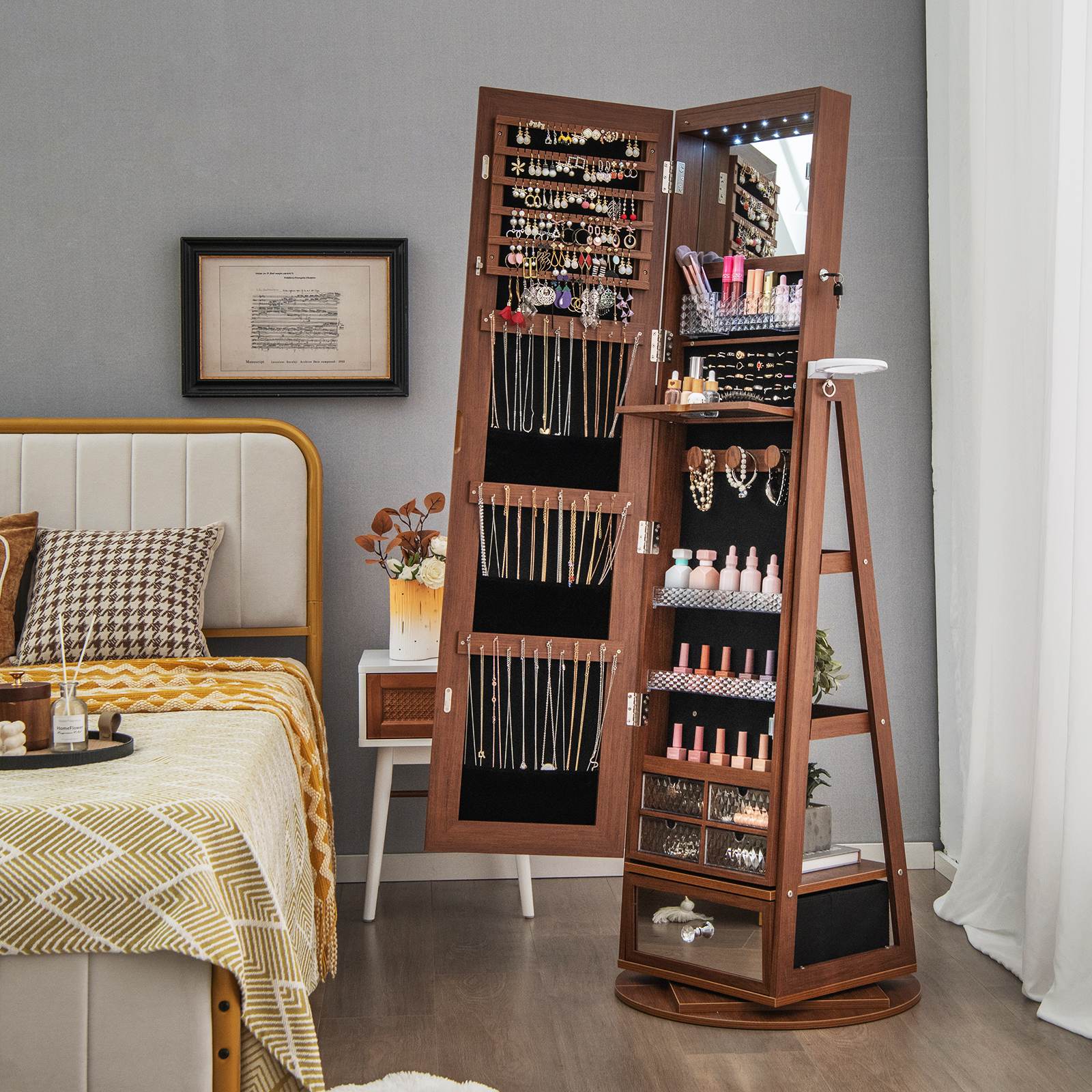 360° Lockable Swivel Jewelry Cabinet Floor Standing Armoire w/Full-Length Mirror - Picture 47 of 47