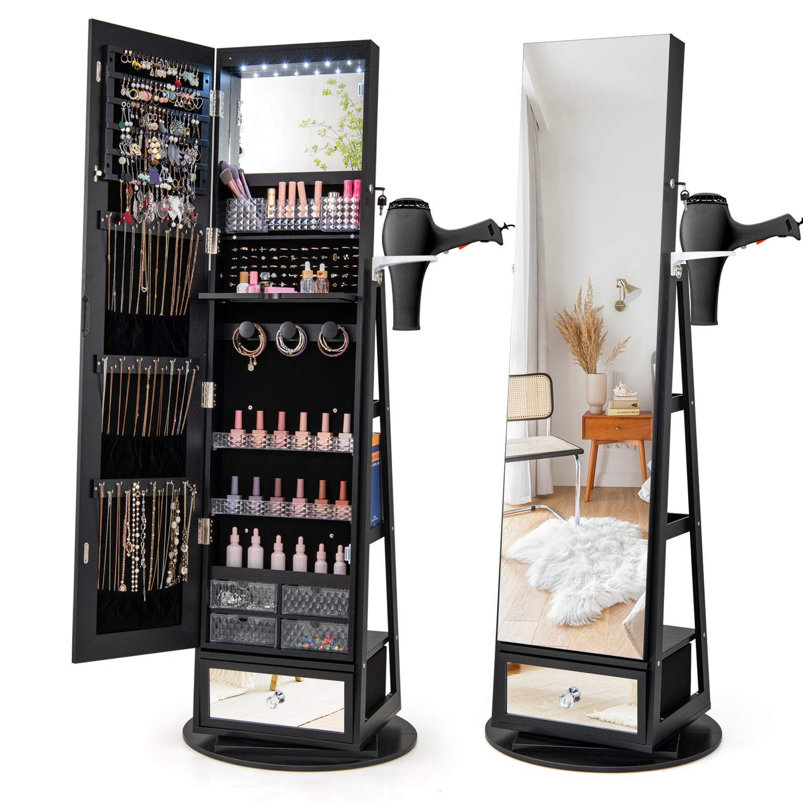 360° Lockable Swivel Jewelry Cabinet Floor Standing Armoire w/Full-Length Mirror - Picture 10 of 47