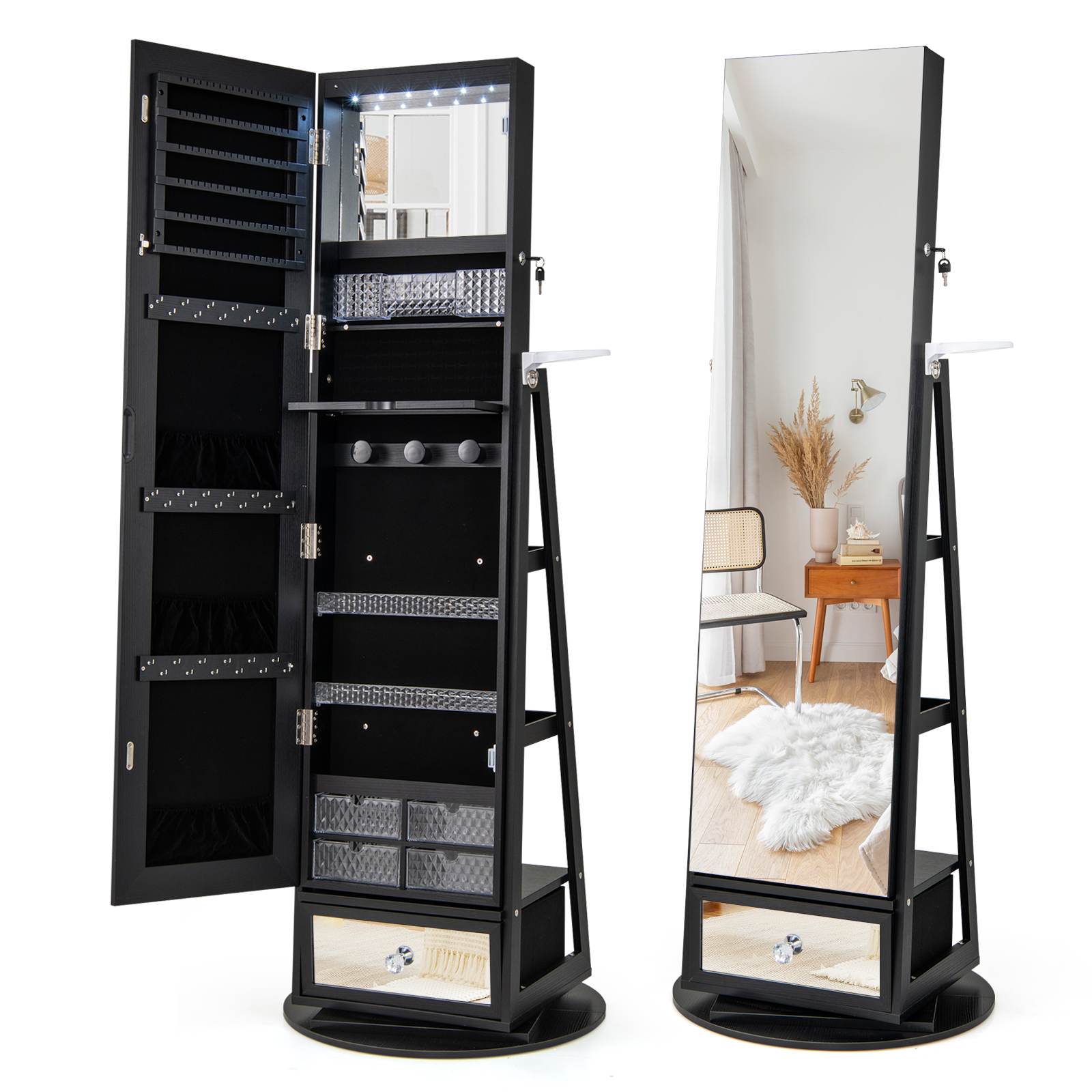 360° Lockable Swivel Jewelry Cabinet Floor Standing Armoire w/Full-Length Mirror - Picture 19 of 47
