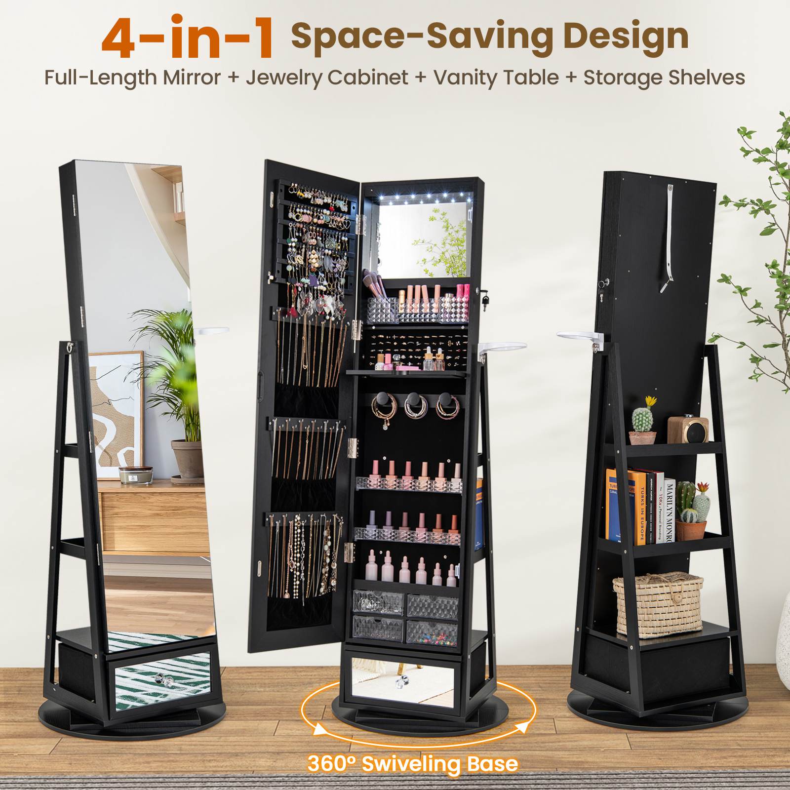 360° Lockable Swivel Jewelry Cabinet Floor Standing Armoire w/Full-Length Mirror - Picture 12 of 47