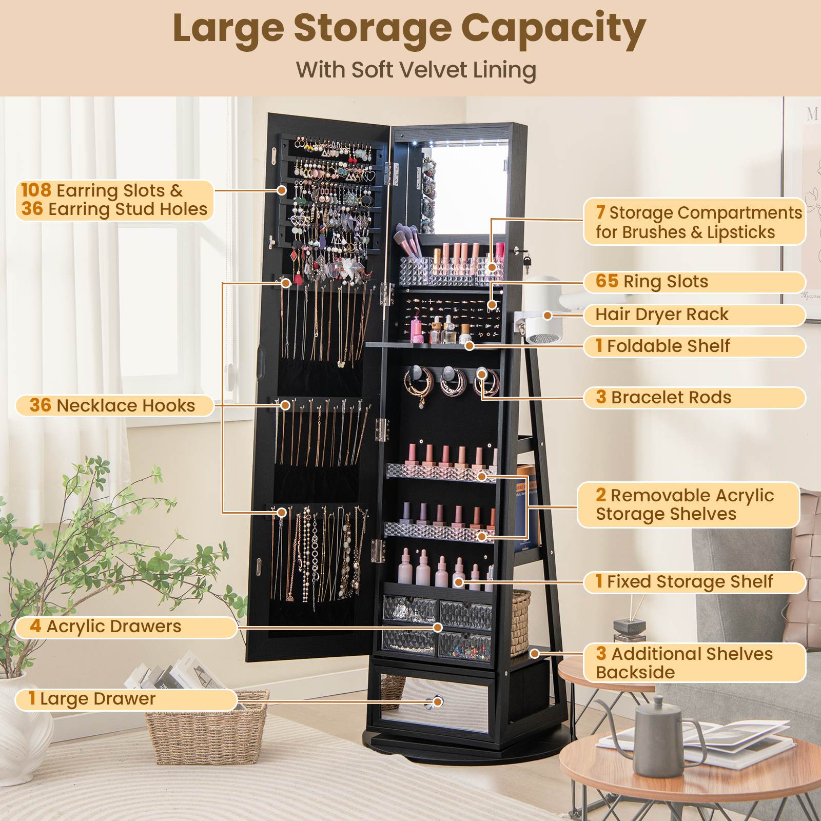 360° Lockable Swivel Jewelry Cabinet Floor Standing Armoire w/Full-Length Mirror - Picture 13 of 47