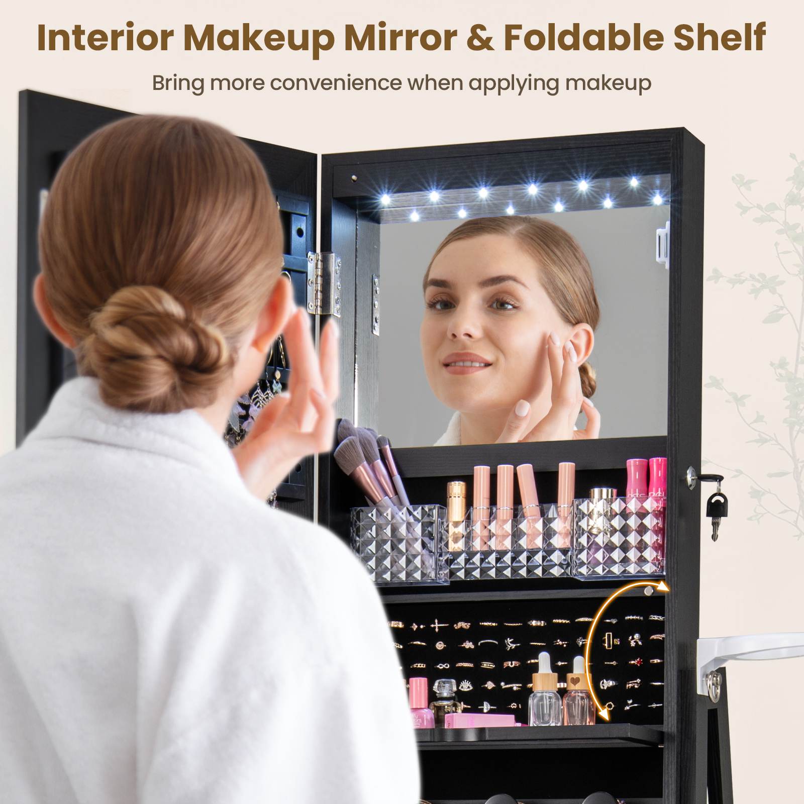 360° Lockable Swivel Jewelry Cabinet Floor Standing Armoire w/Full-Length Mirror - Picture 14 of 47