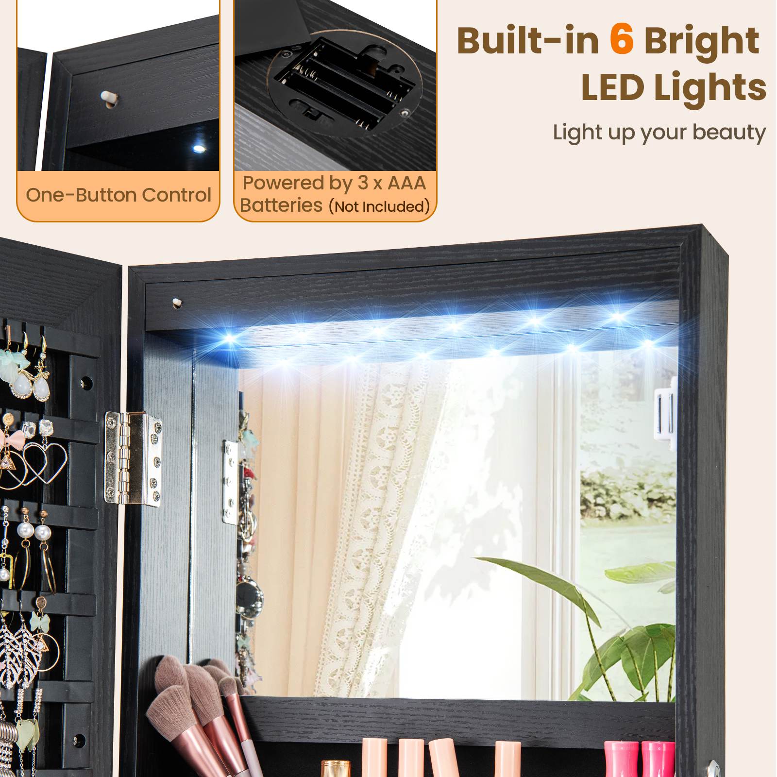 360° Lockable Swivel Jewelry Cabinet Floor Standing Armoire w/Full-Length Mirror - Picture 15 of 47