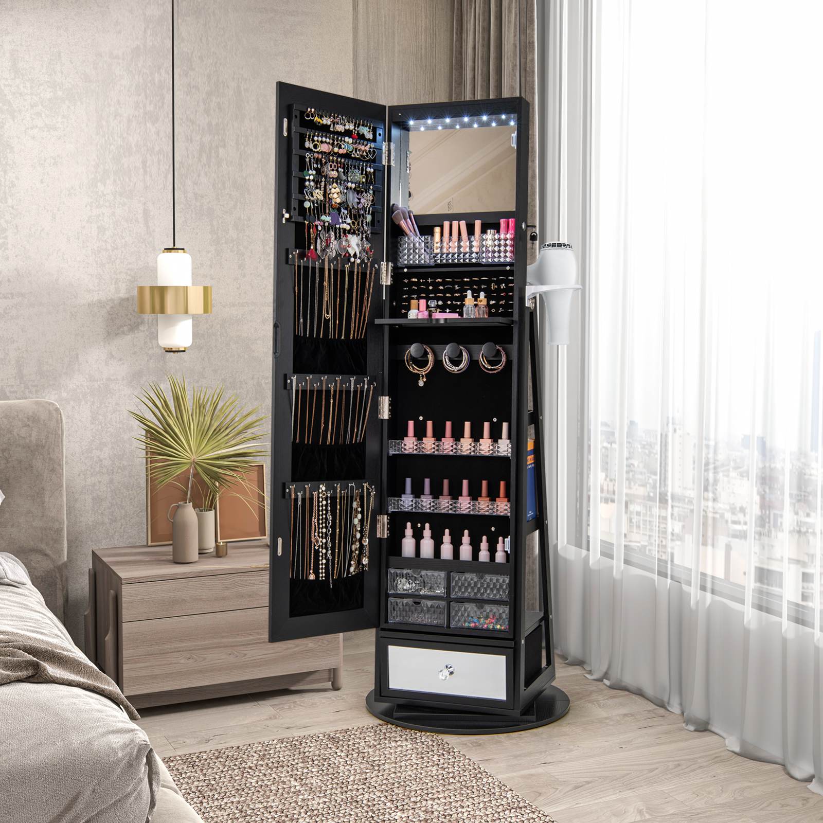 360° Lockable Swivel Jewelry Cabinet Floor Standing Armoire w/Full-Length Mirror - Picture 17 of 47