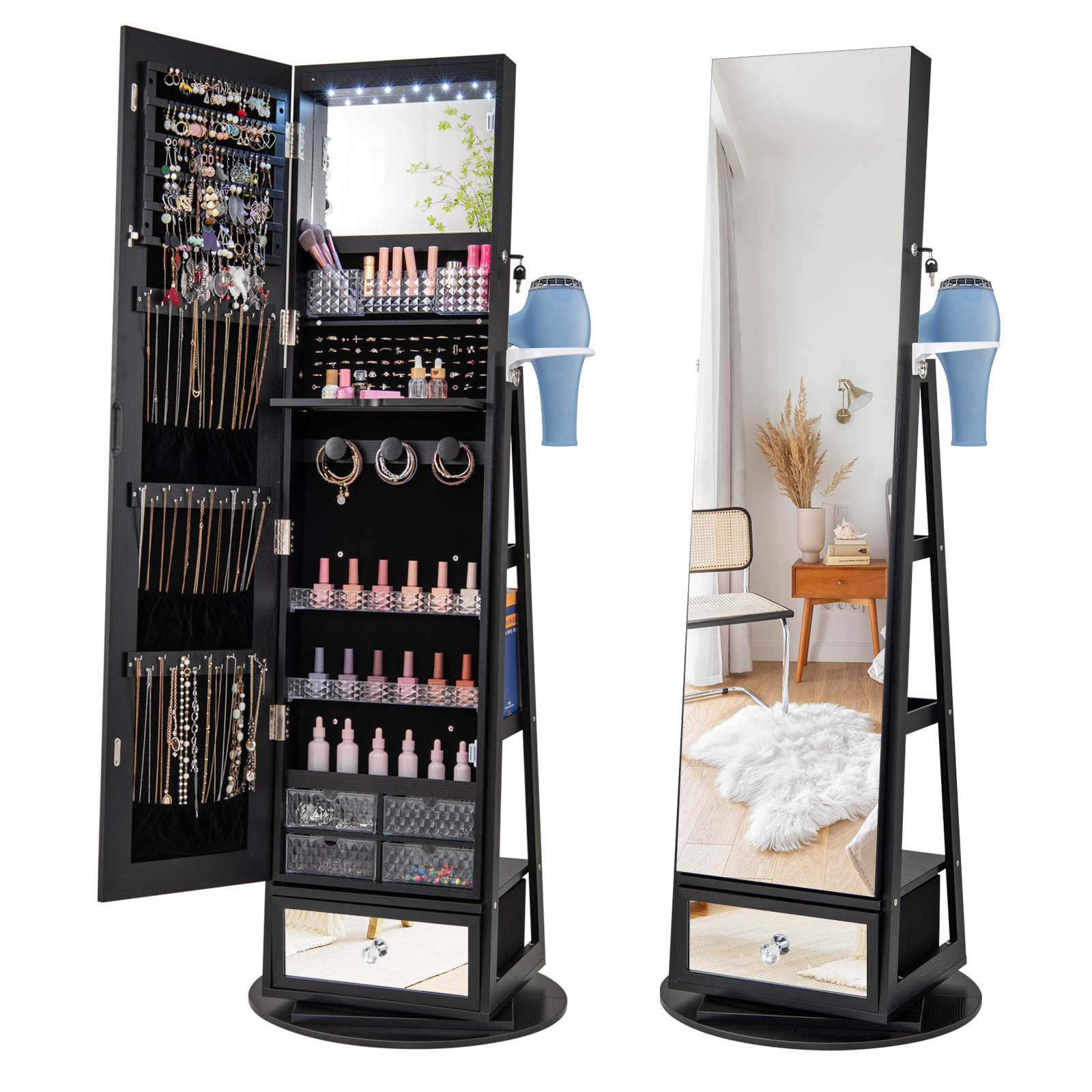360° Lockable Swivel Jewelry Cabinet Floor Standing Armoire w/Full-Length Mirror - Picture 18 of 47