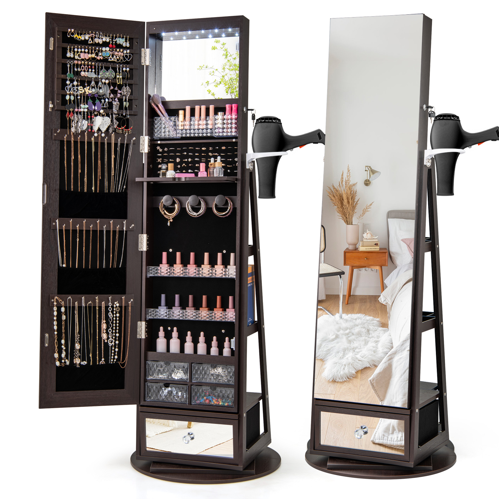 360° Lockable Swivel Jewelry Cabinet Floor Standing Armoire w/Full-Length Mirror - Picture 20 of 47