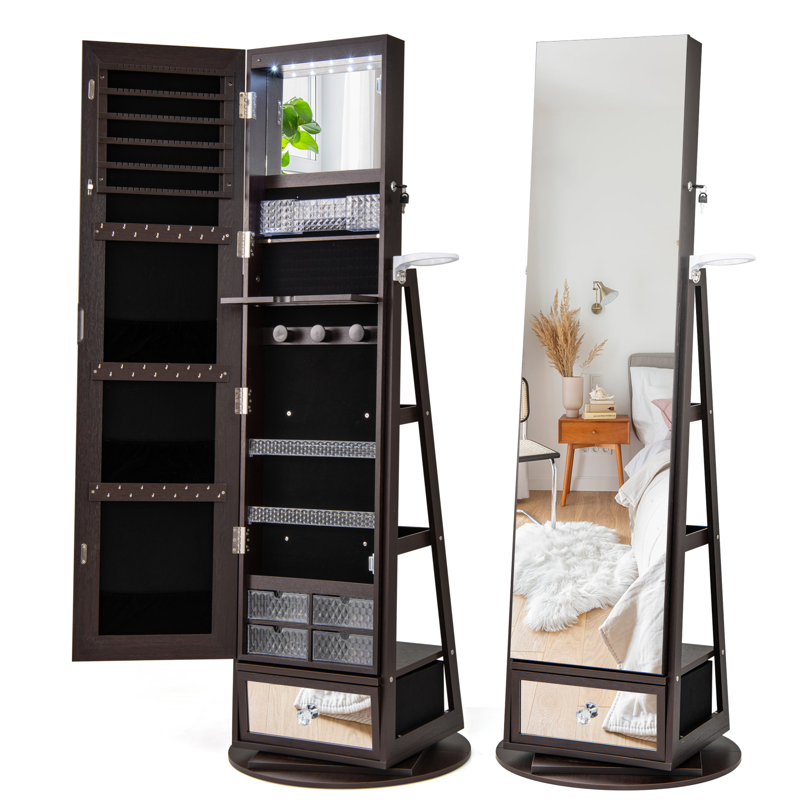 360° Lockable Swivel Jewelry Cabinet Floor Standing Armoire w/Full-Length Mirror - Picture 29 of 47