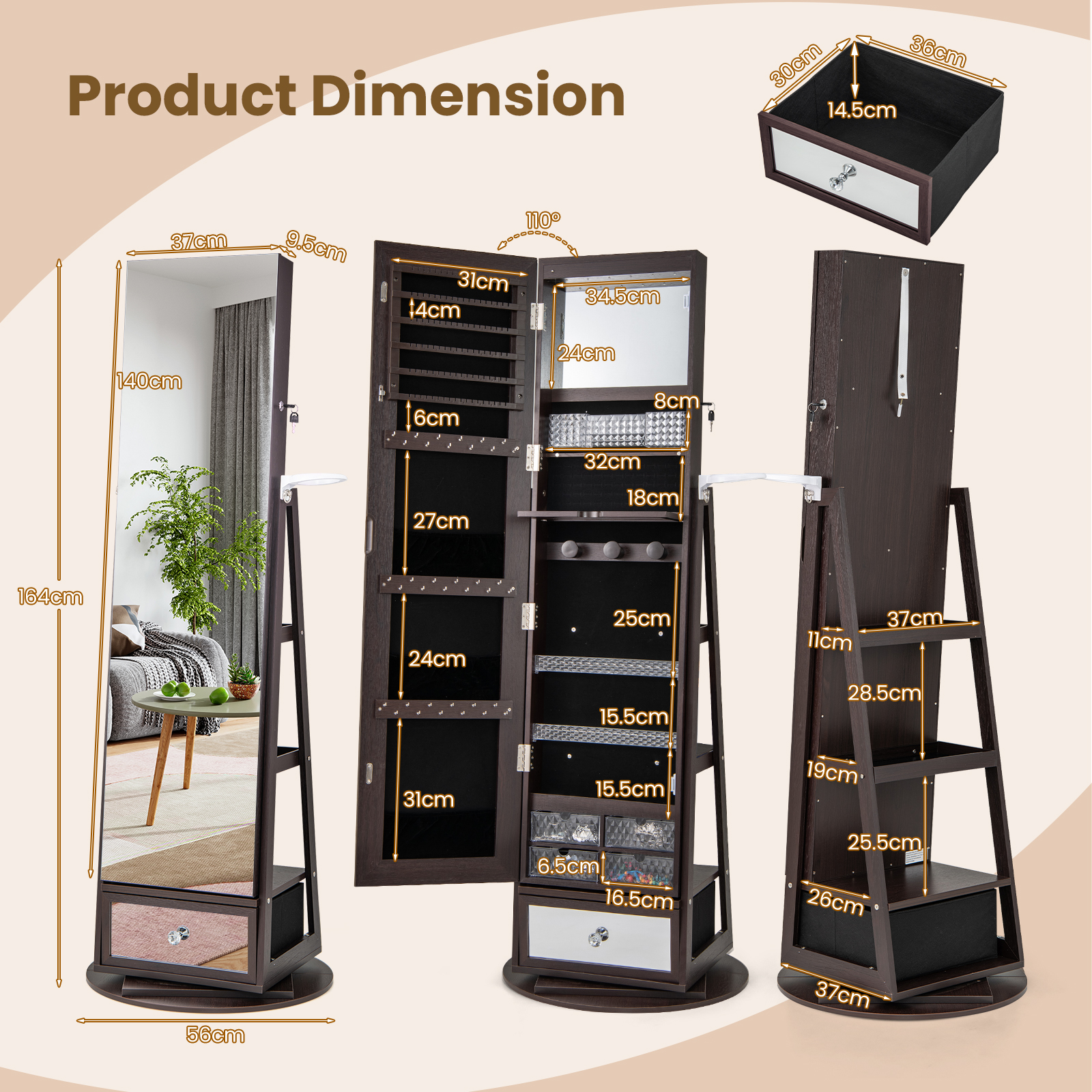 360° Lockable Swivel Jewelry Cabinet Floor Standing Armoire w/Full-Length Mirror - Picture 22 of 47