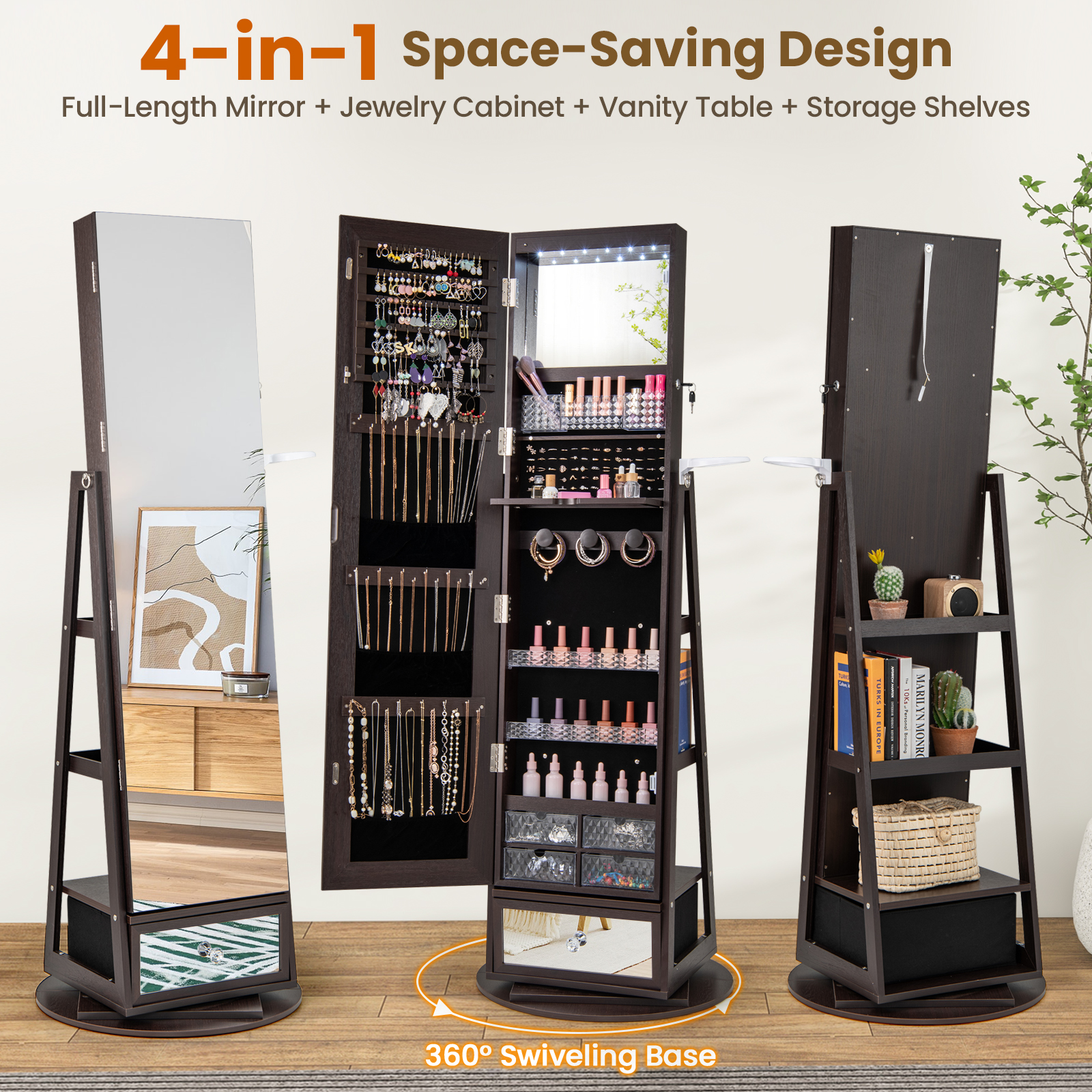 360° Lockable Swivel Jewelry Cabinet Floor Standing Armoire w/Full-Length Mirror - Picture 23 of 47