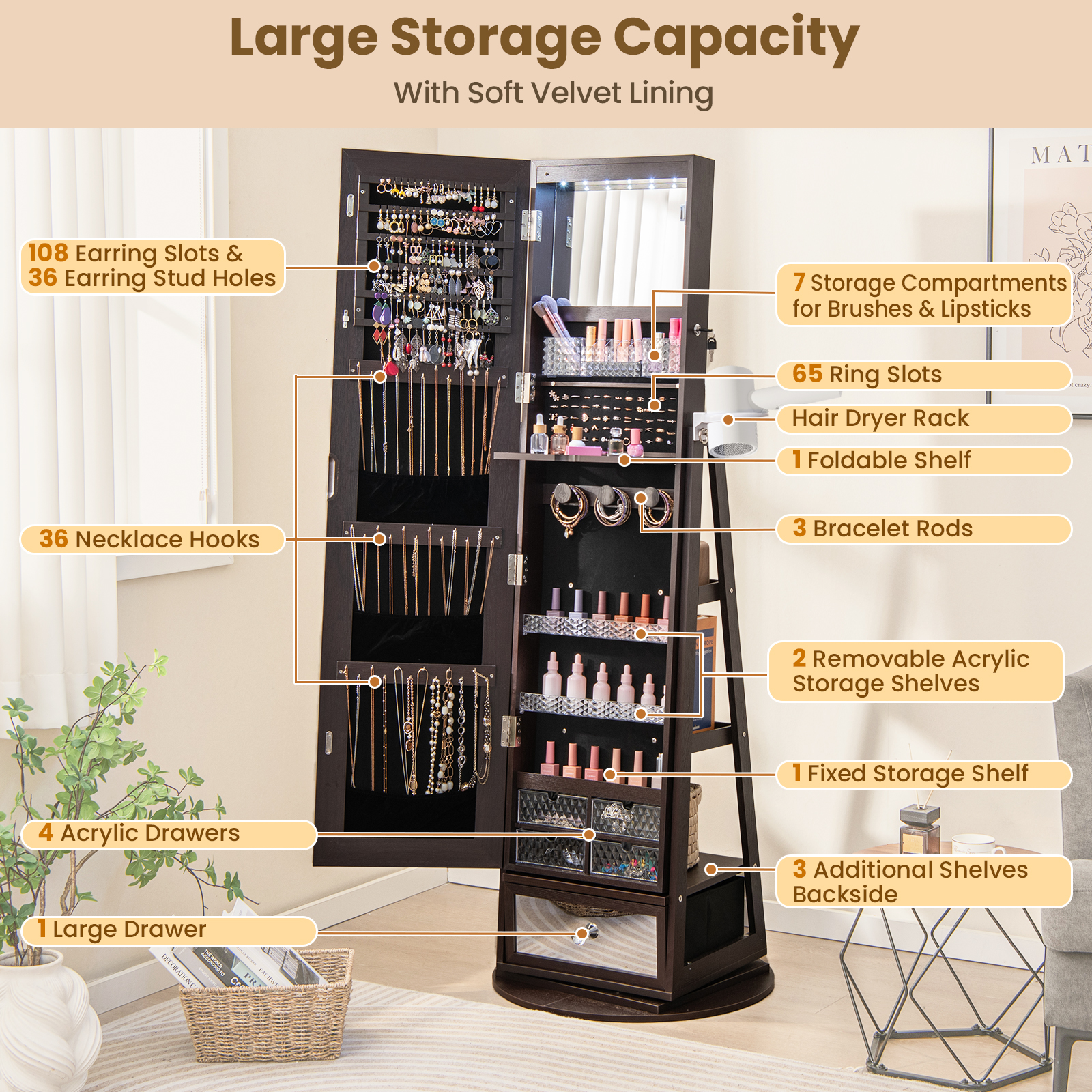 360° Lockable Swivel Jewelry Cabinet Floor Standing Armoire w/Full-Length Mirror - Picture 24 of 47
