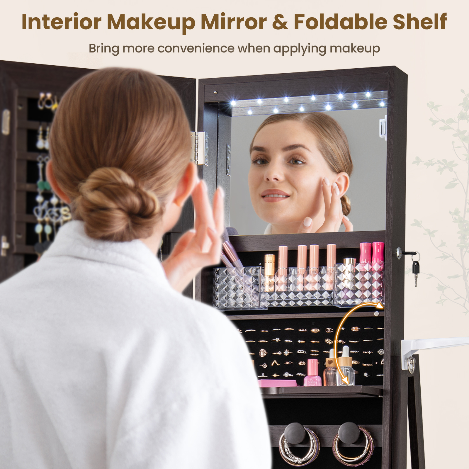 360° Lockable Swivel Jewelry Cabinet Floor Standing Armoire w/Full-Length Mirror - Picture 25 of 47