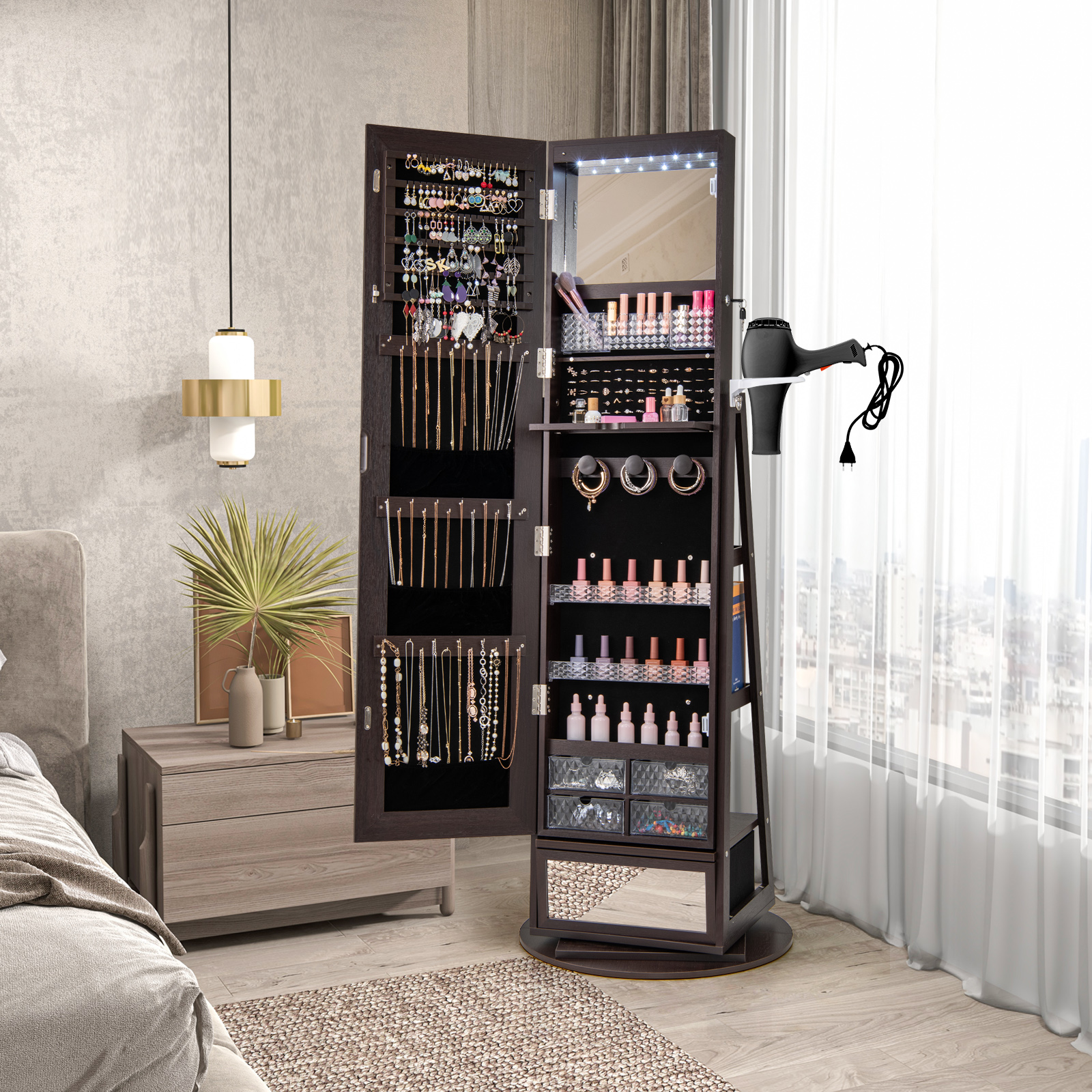 360° Lockable Swivel Jewelry Cabinet Floor Standing Armoire w/Full-Length Mirror - Picture 28 of 47