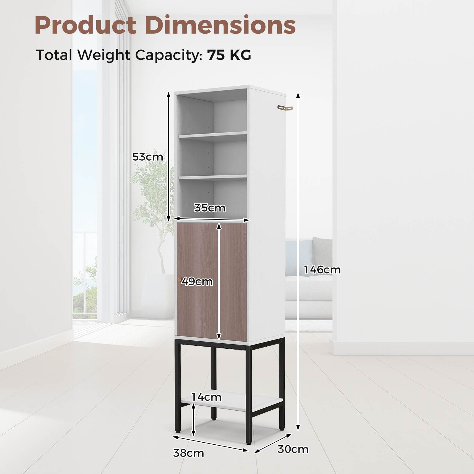 146 cm Tall Bathroom Cabinet Slim Cupboard Storage Organizer Adjustable Shelf - Picture 11 of 18
