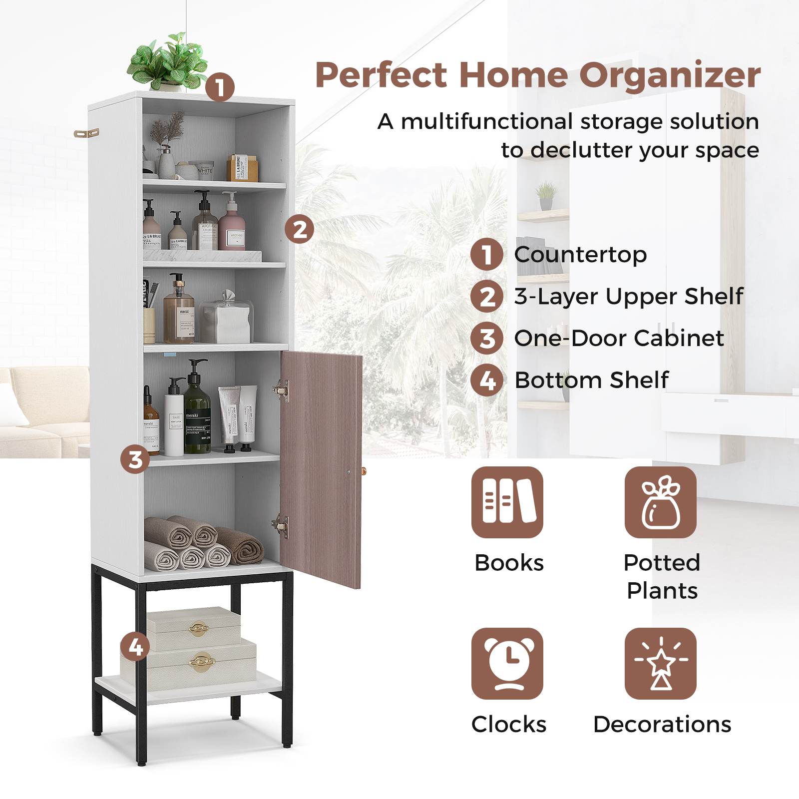 146 cm Tall Bathroom Cabinet Slim Cupboard Storage Organizer Adjustable Shelf - Picture 12 of 18