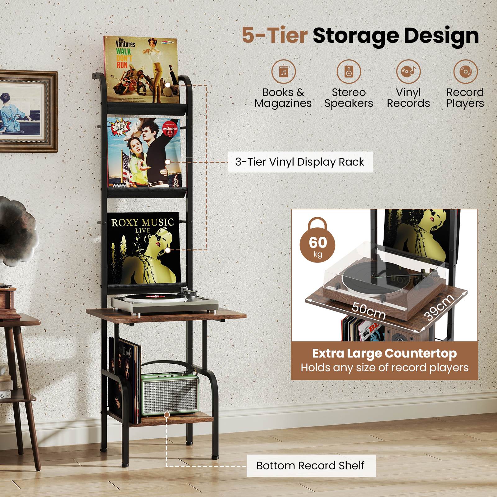 5-Tier Record Player Stand Record Player Table Turntable Stand w/ Record Holder - Picture 12 of 16