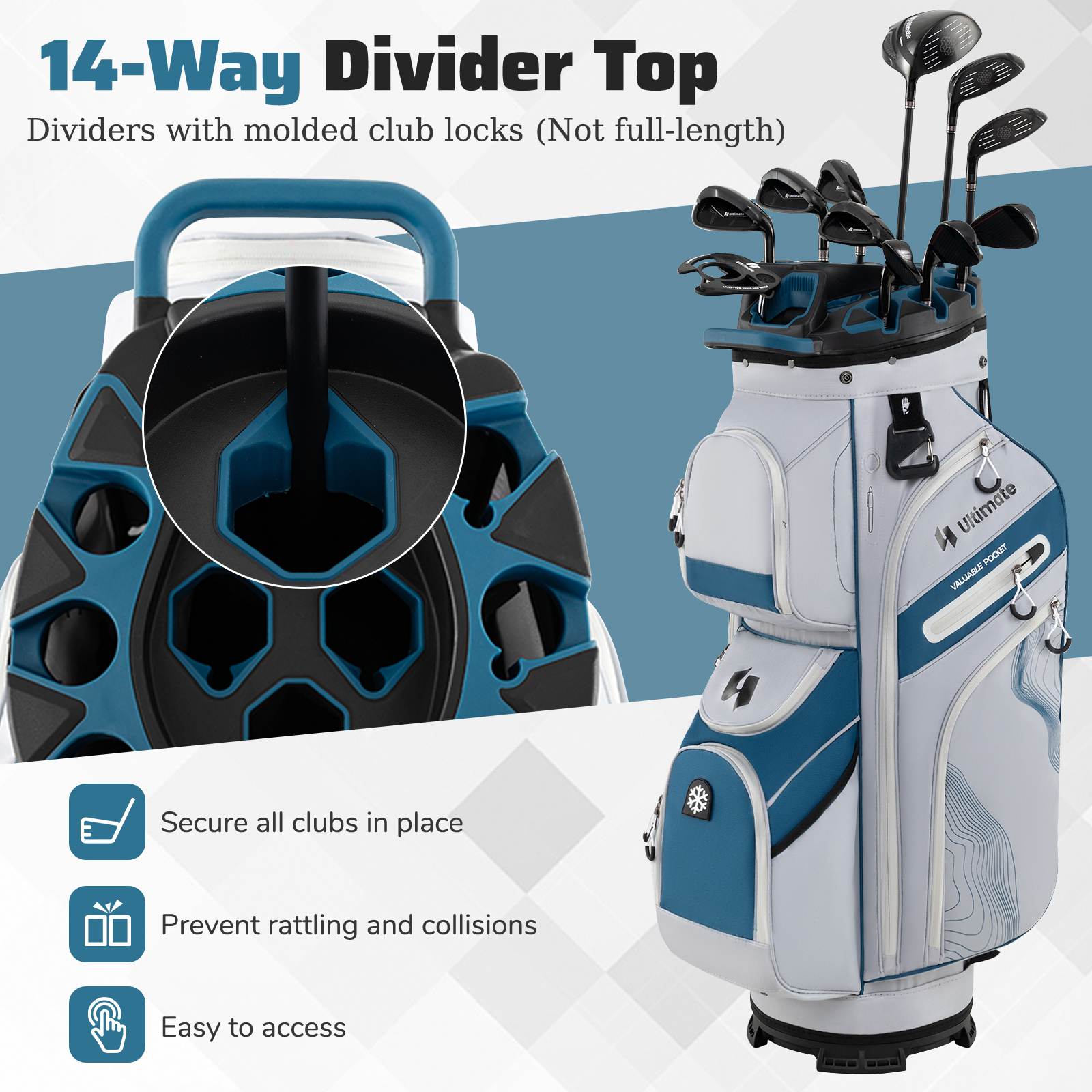 Lightweight Golf Cart Bag Molded Lock Top Golf Bag w/ 14-Way Dividers 11 Pockets 2