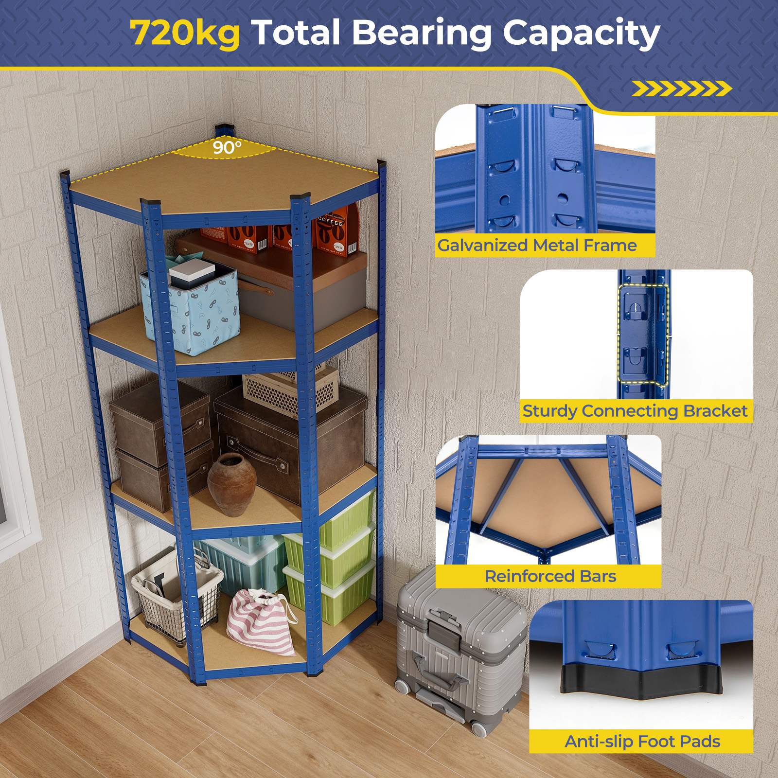 4-Tier Corner Shelf Unit Adjustable Garage Storage Utility Rack 720KG Capacity - Picture 14 of 24