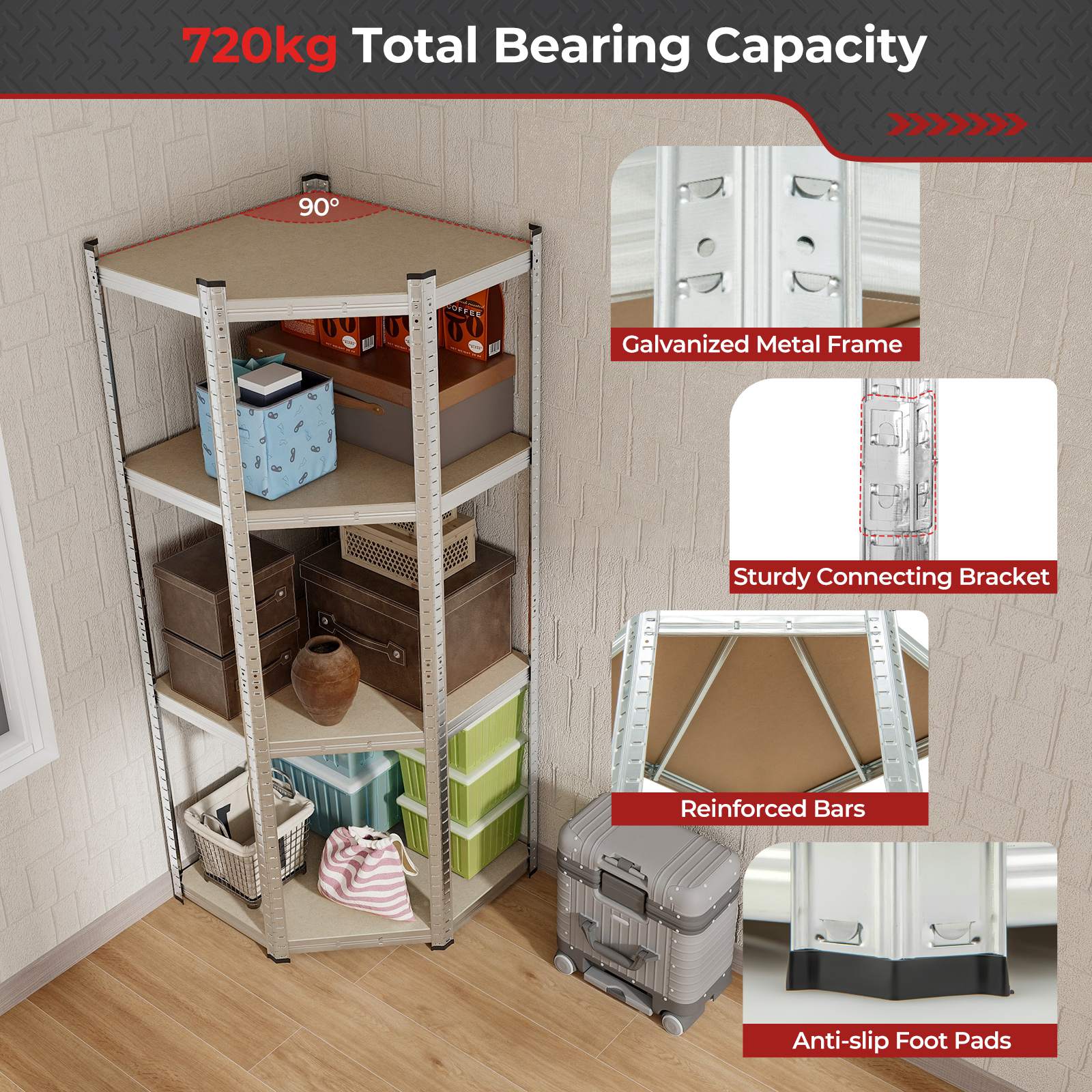 4-Tier Corner Shelf Unit Adjustable Garage Storage Utility Rack 720KG Capacity - Picture 20 of 24
