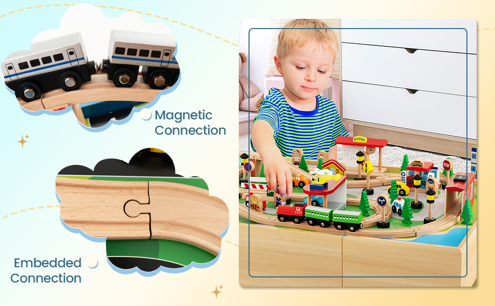 Kids Wooden Train Table Set 80 PCS Activity Playset w/ Reversible