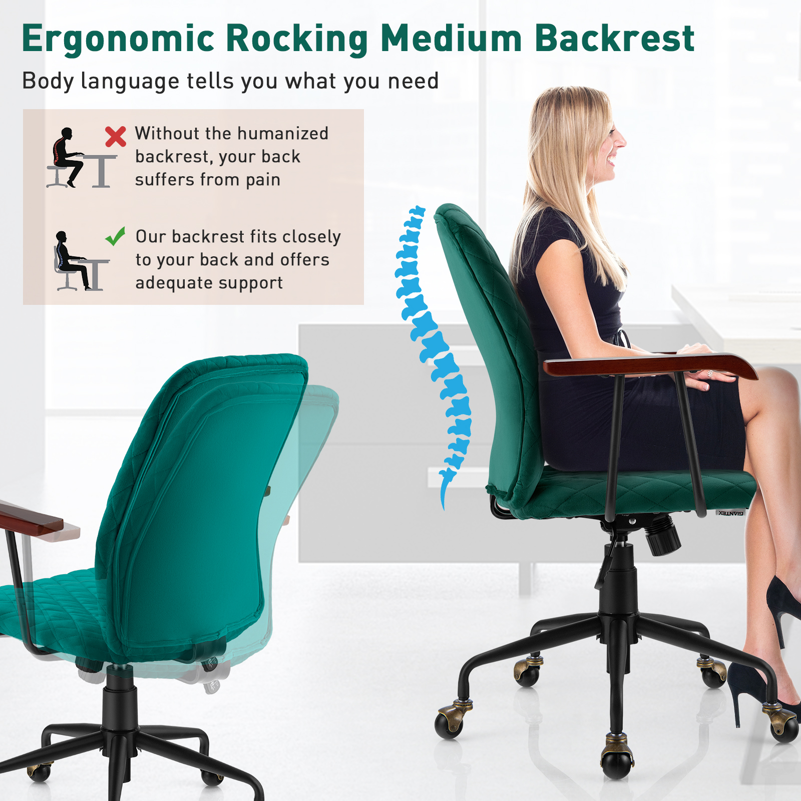 Giantex Swivel Computer Desk Chair Retro Mid-Back Rolling Task Chair Home Office - Picture 11 of 17
