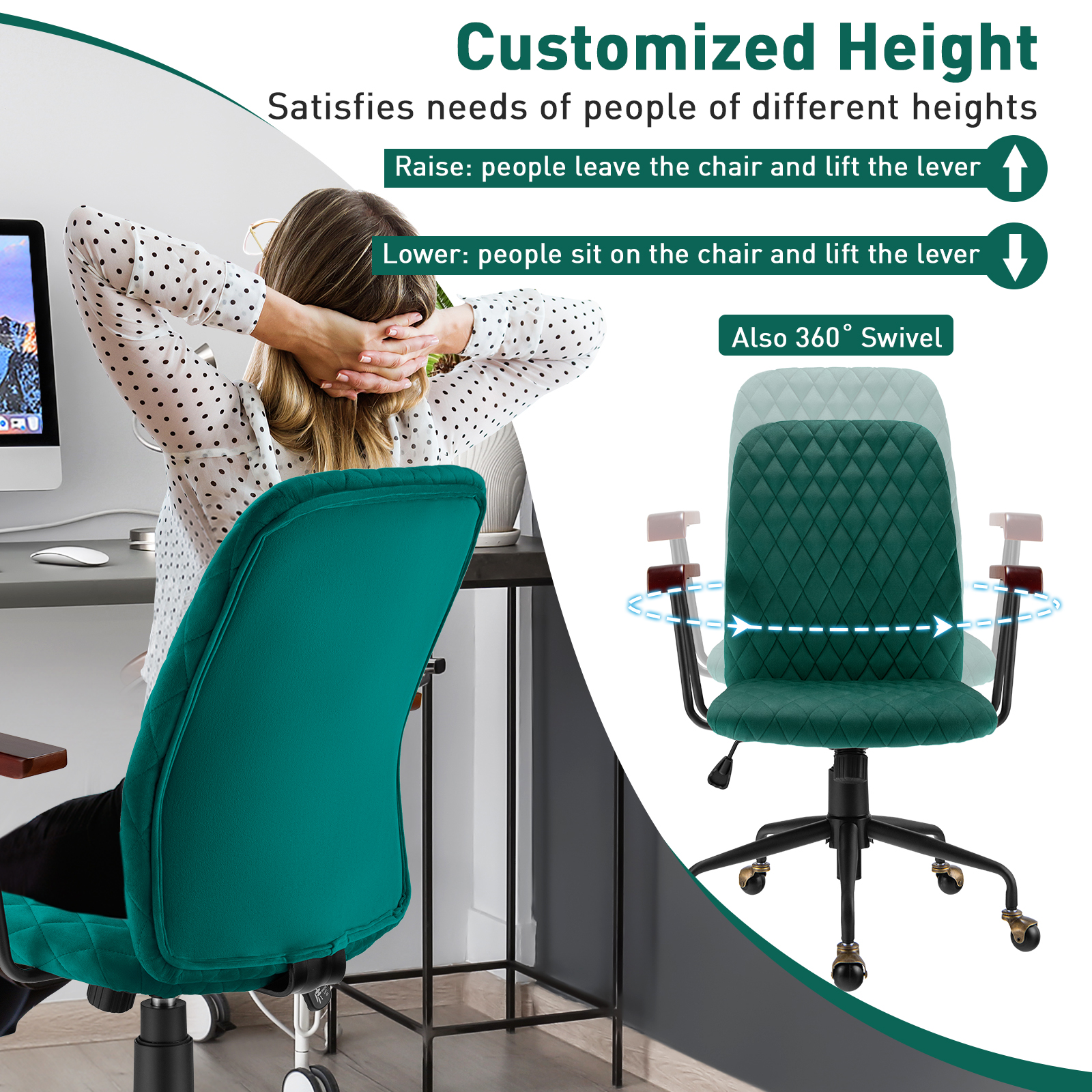 Giantex Swivel Computer Desk Chair Retro Mid-Back Rolling Task Chair Home Office - Picture 12 of 17