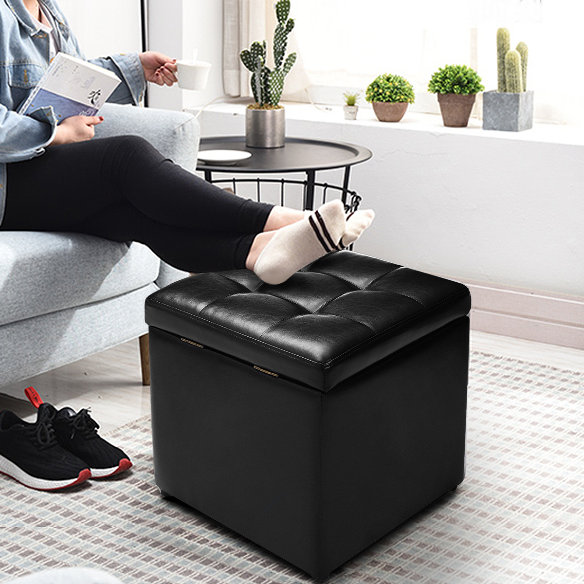 Giantex Cube Storage Ottoman Pouf Storage Box Seat Footstool PU Leather 40cm - Picture 5 of 33