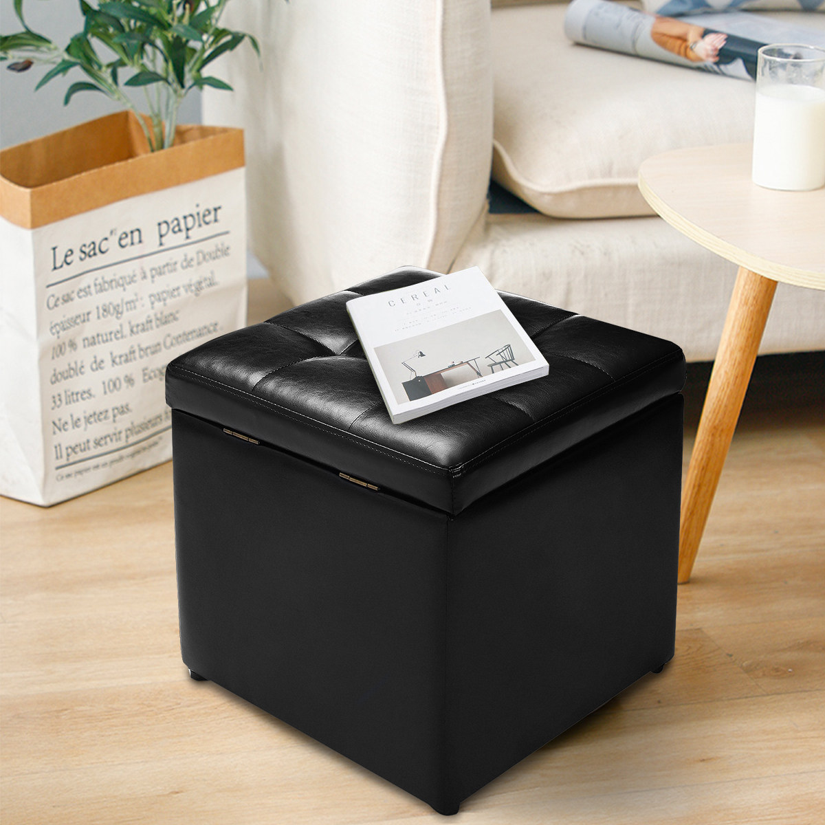 Giantex Cube Storage Ottoman Pouf Storage Box Seat Footstool PU Leather 40cm - Picture 6 of 33