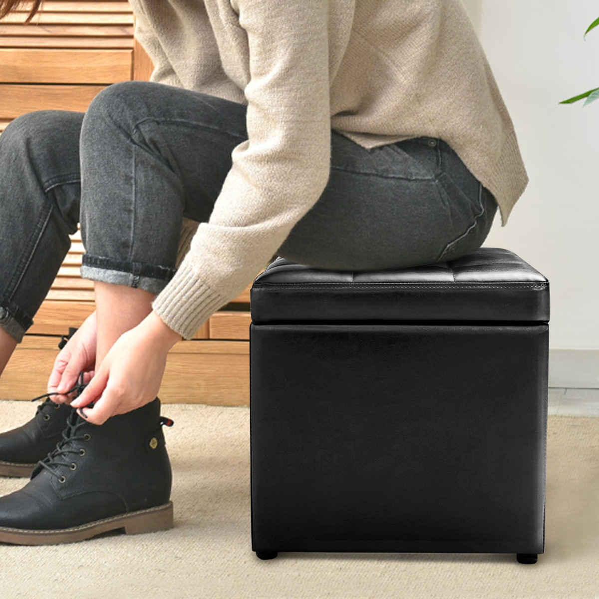 Giantex Cube Storage Ottoman Pouf Storage Box Seat Footstool PU Leather 40cm - Picture 7 of 33