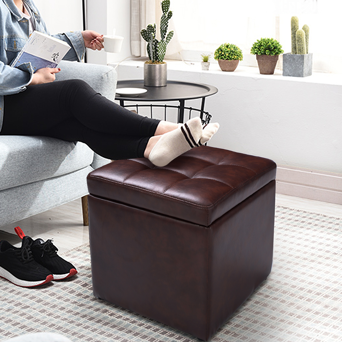 Giantex Cube Storage Ottoman Pouf Storage Box Seat Footstool PU Leather 40cm - Picture 24 of 33
