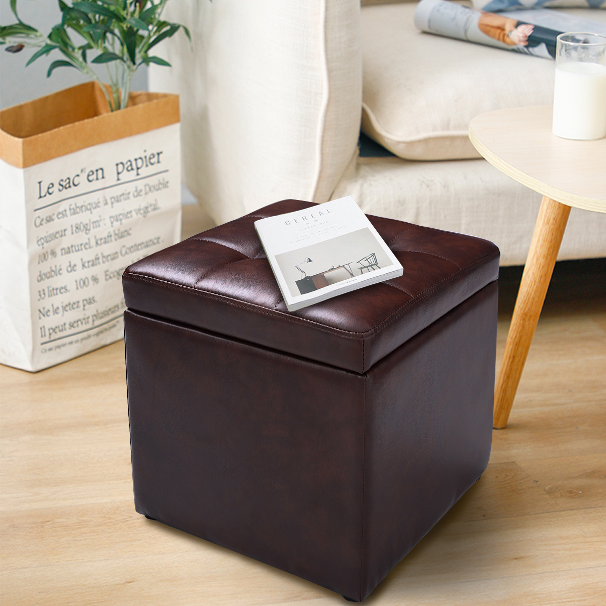 Giantex Cube Storage Ottoman Pouf Storage Box Seat Footstool PU Leather 40cm - Picture 25 of 33