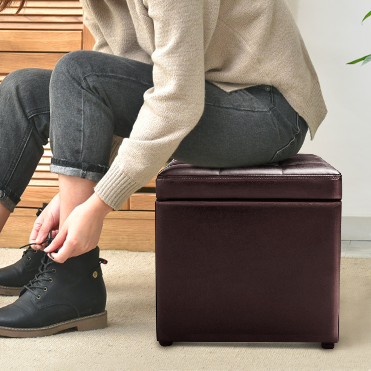 Giantex Cube Storage Ottoman Pouf Storage Box Seat Footstool PU Leather 40cm - Picture 26 of 33