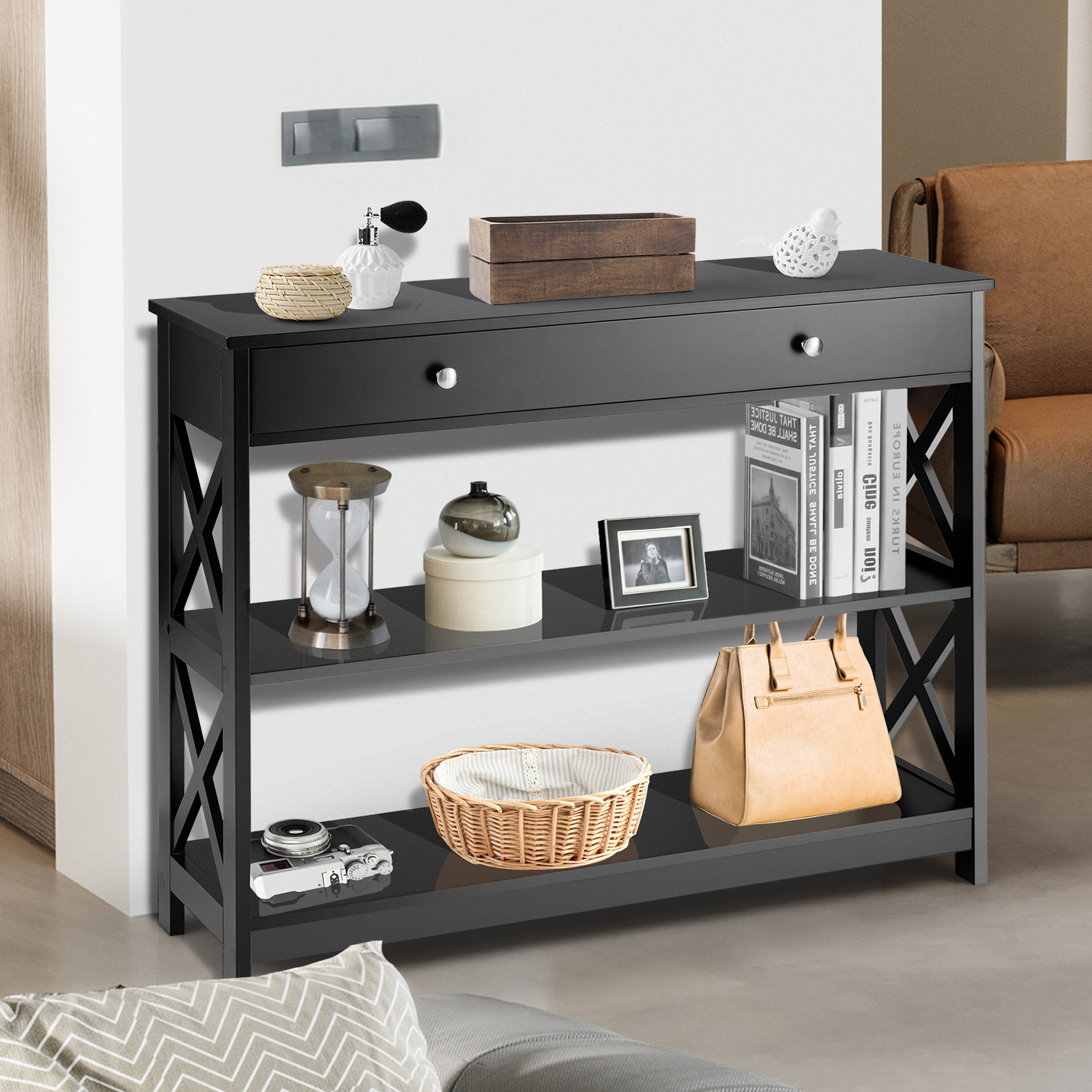 Giantex 3-Tier Console Table X-Design Wood Sofa Table w/ Drawer Hallway Modern - Picture 11 of 34