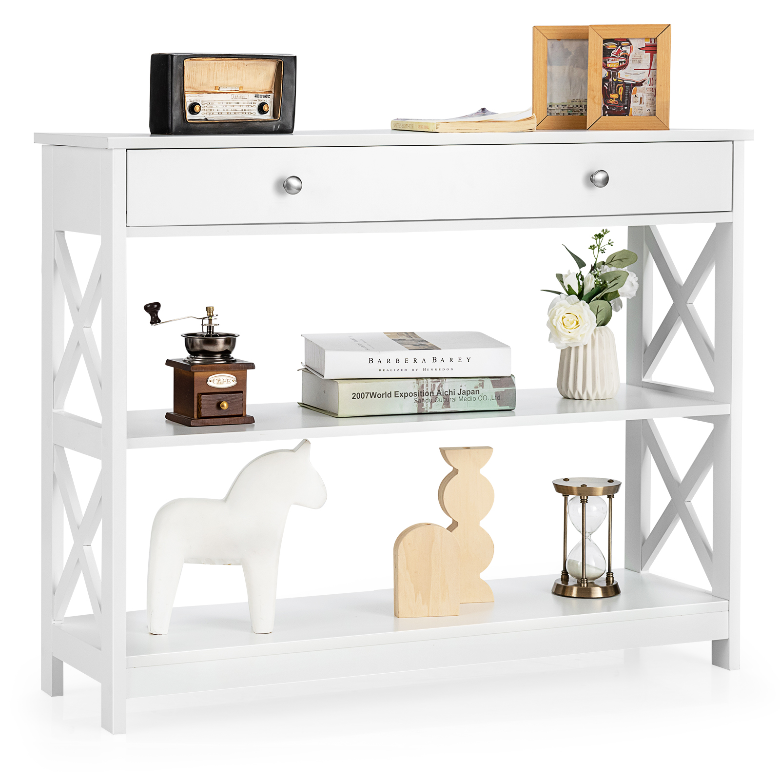 Giantex 3-Tier Console Table X-Design Wood Sofa Table w/ Drawer Hallway Modern - Picture 27 of 34