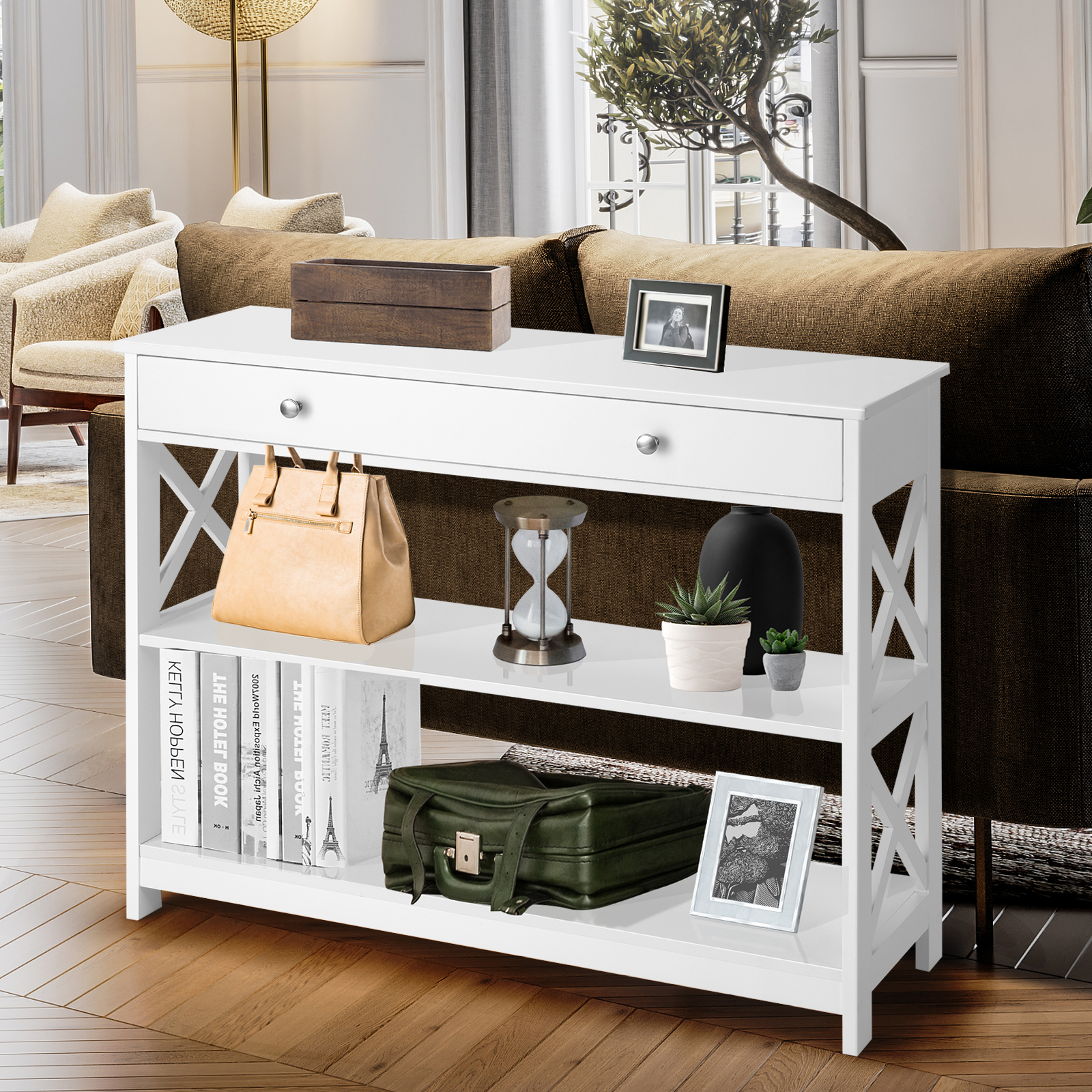 Giantex 3-Tier Console Table X-Design Wood Sofa Table w/ Drawer Hallway Modern - Picture 28 of 34