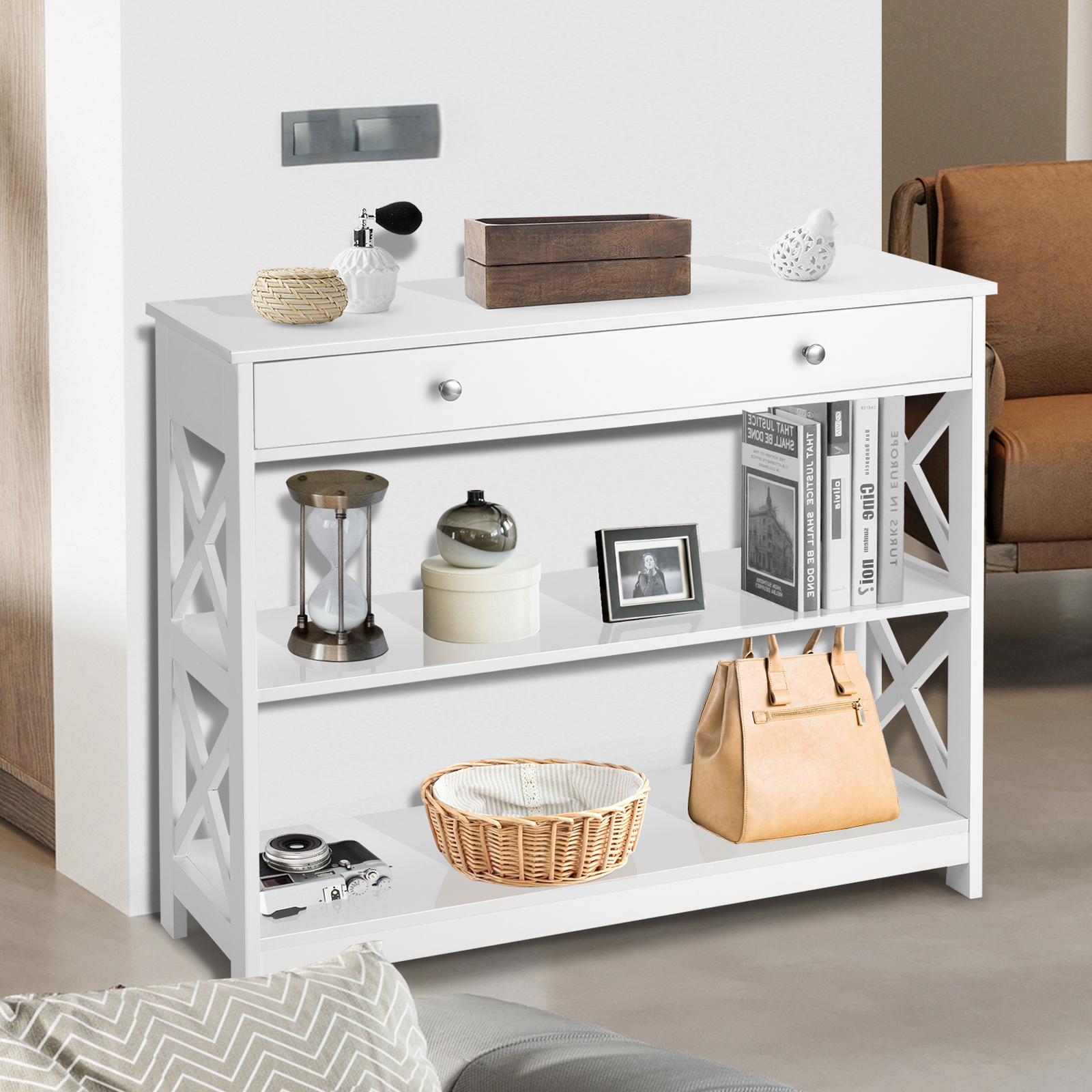 Giantex 3-Tier Console Table X-Design Wood Sofa Table w/ Drawer Hallway Modern - Picture 34 of 34