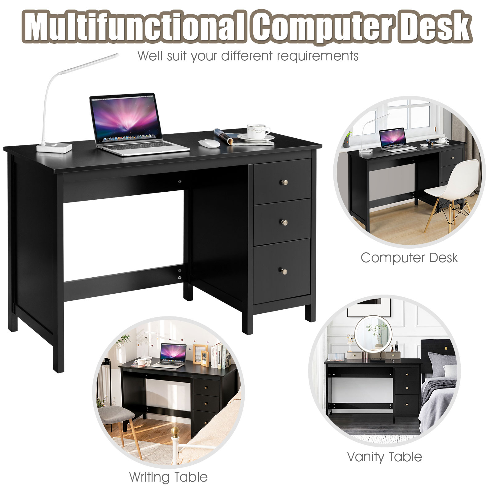 Giantex Computer Desk w/ Drawers Study Writing Table Workstation White/Black - Picture 9 of 26