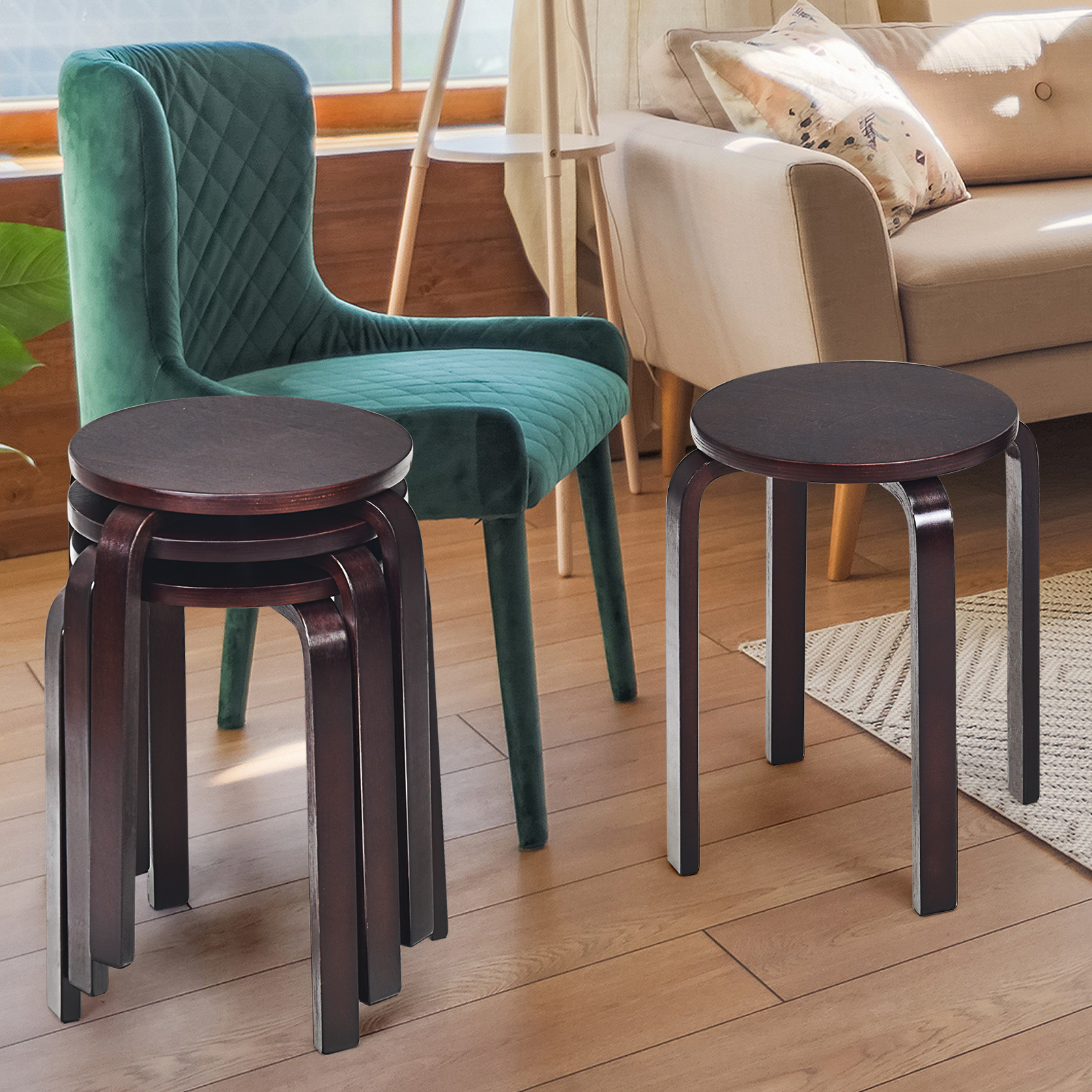 Giantex Set of 4 Wooden Stools Solid Wood Stool Space-saving Stackable - Picture 11 of 44