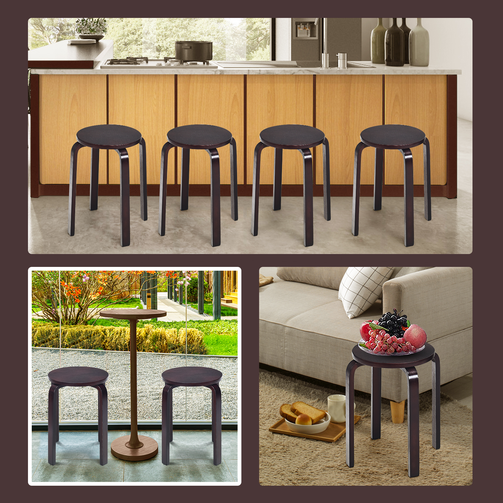 Giantex Set of 4 Wooden Stools Solid Wood Stool Space-saving Stackable - Picture 18 of 44