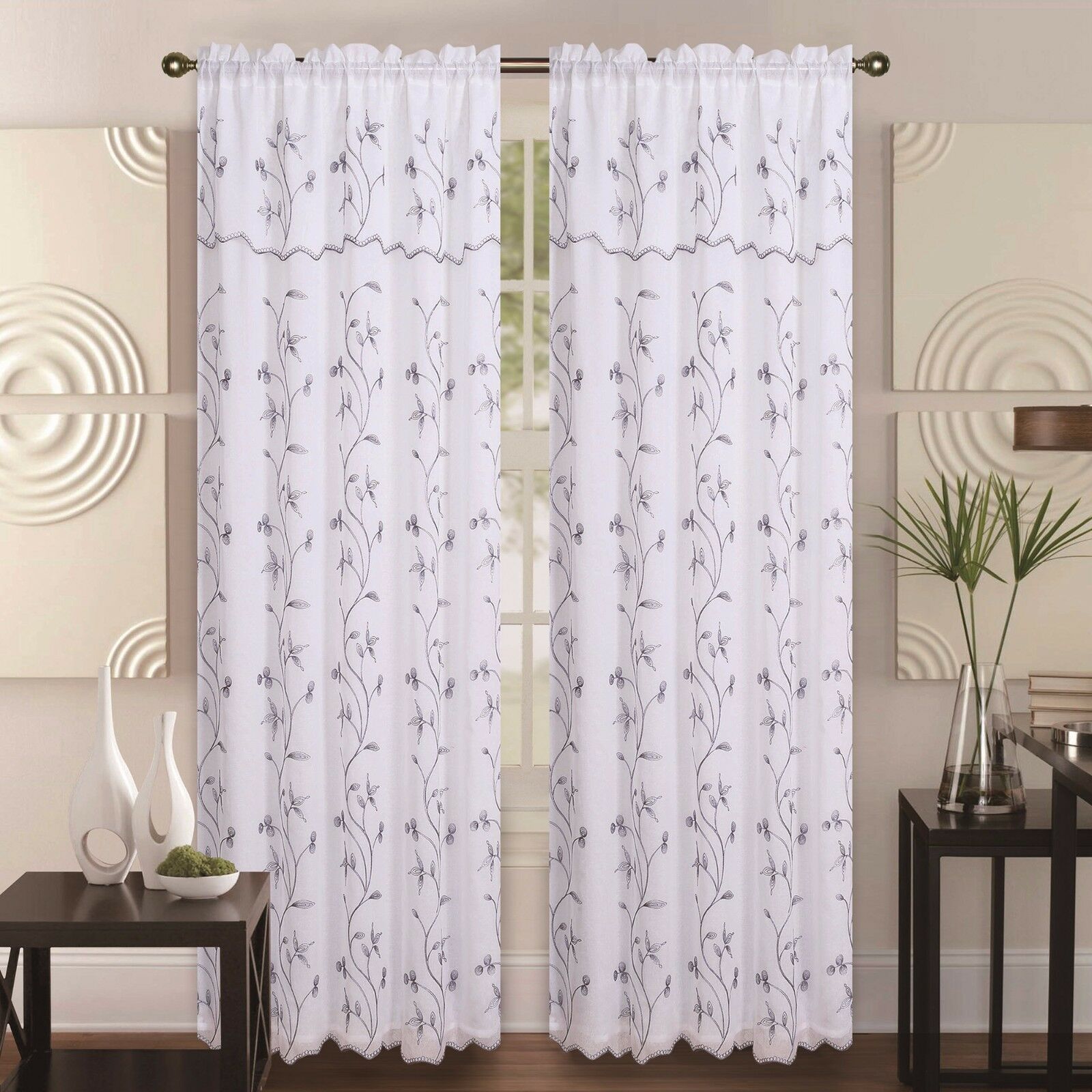 Alma Layer Embroidery Floral Flower Vine Decor Sheer Rod Pocket Curtain Valance - Picture 16 of 16