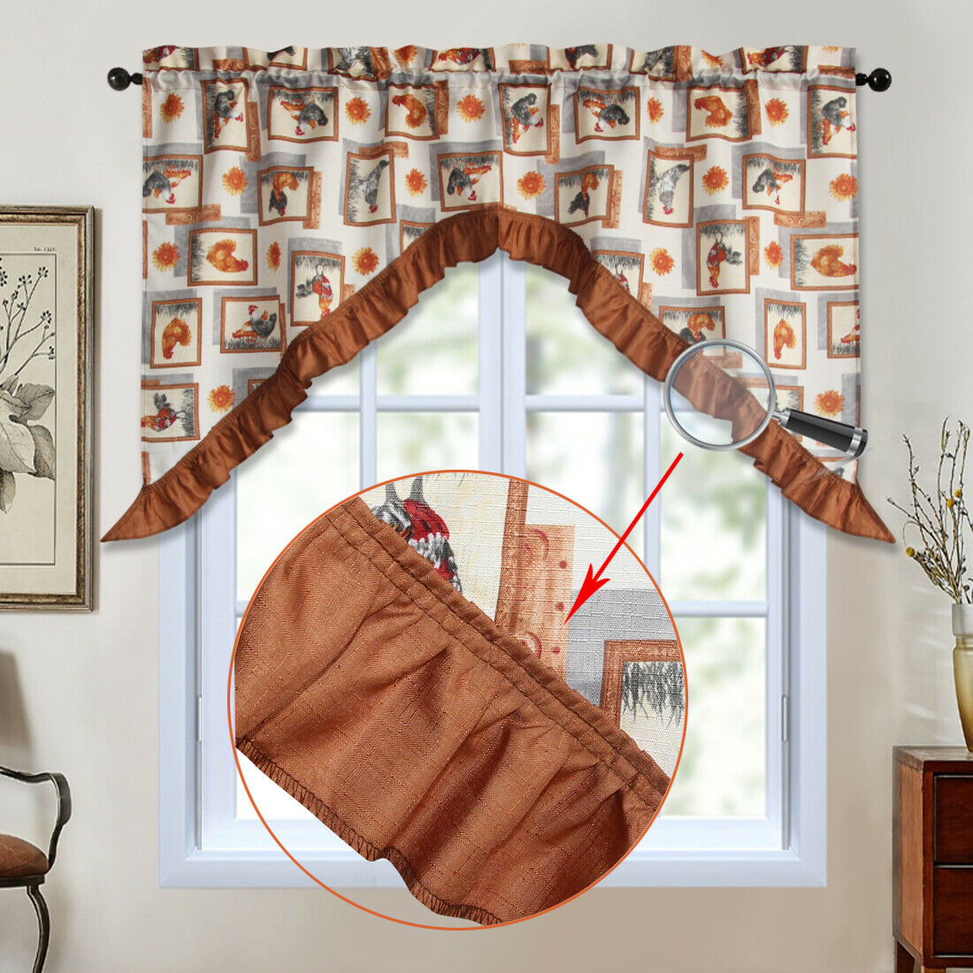 3 PC Kitchen Curtain Swag Set, Fruit Floral Rooster Printed Design Window Panels - Picture 28 of 62