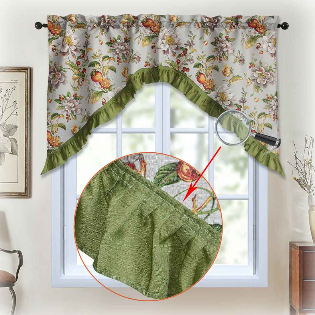 3 PC Kitchen Curtain Swag Set, Fruit Floral Rooster Printed Design Window Panels - Picture 40 of 62
