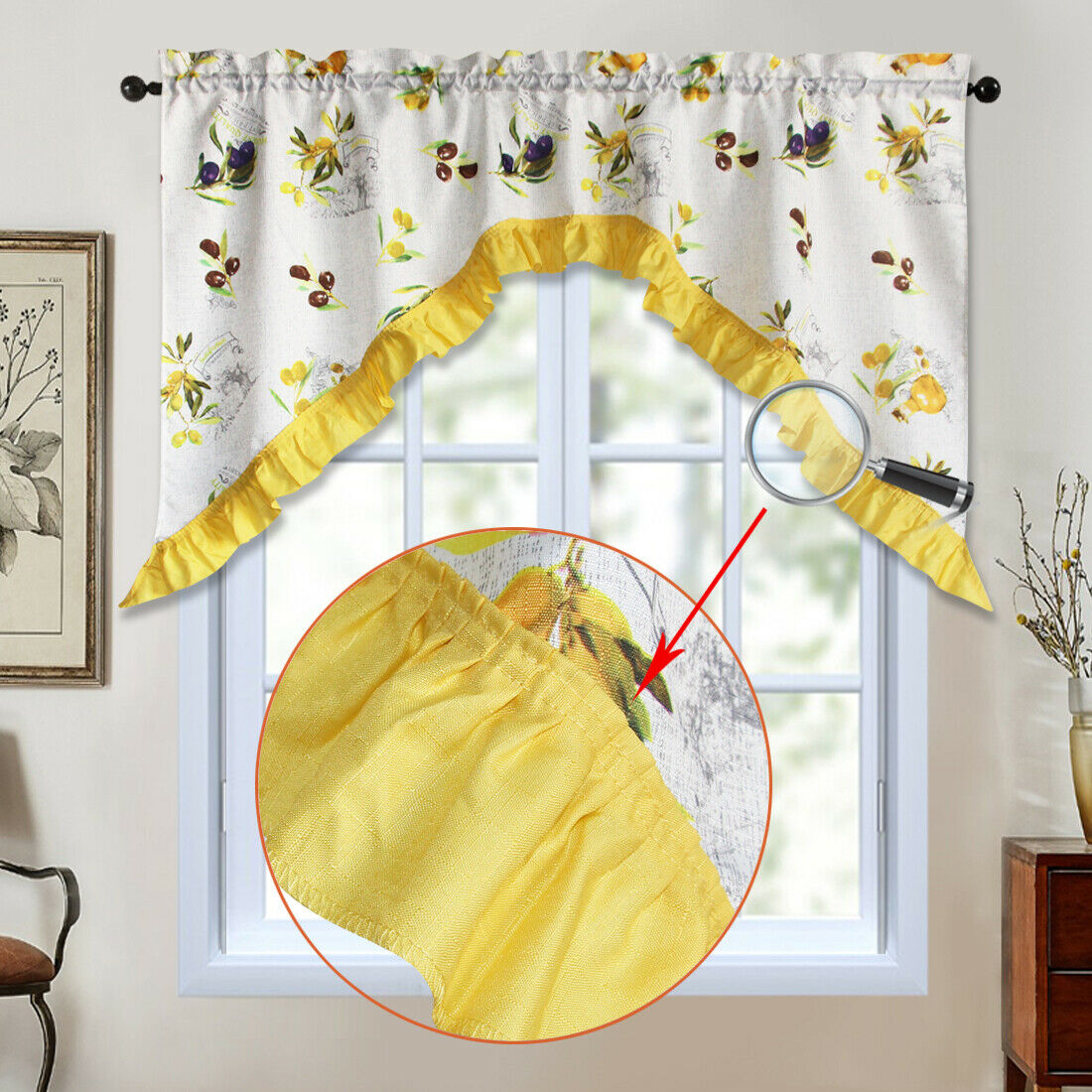 3 PC Kitchen Curtain Swag Set, Fruit Floral Rooster Printed Design Window Panels - Picture 61 of 62