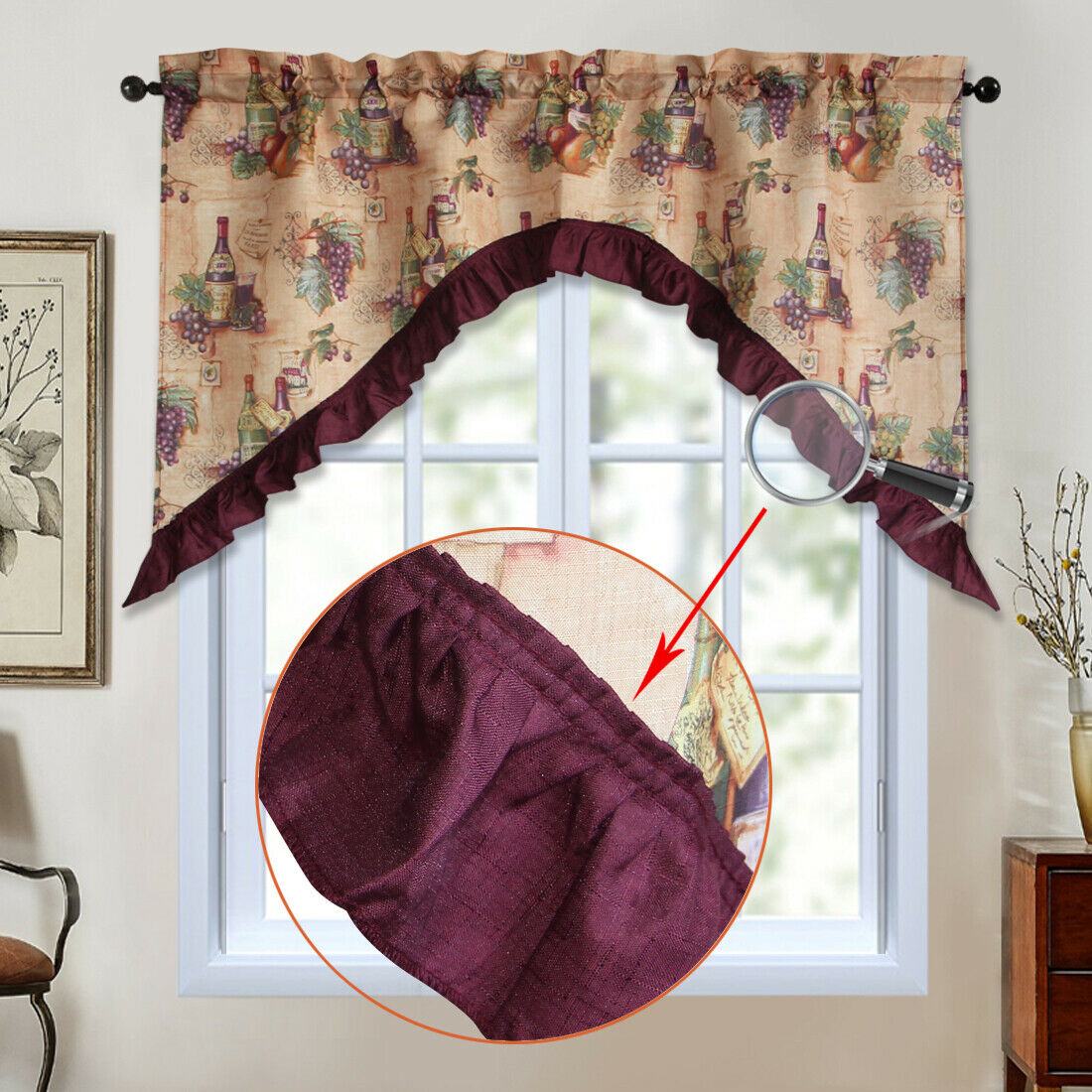 3 PC Kitchen Curtain Swag Set, Fruit Floral Rooster Printed Design Window Panels - Picture 51 of 62